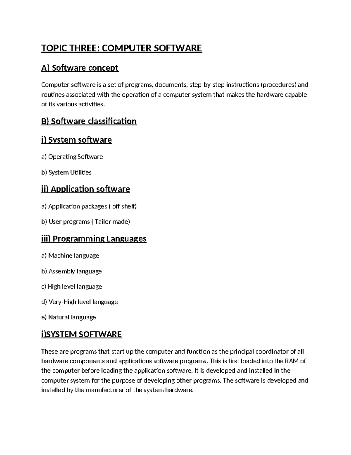T3 & t4 ict - note - TOPIC THREE: COMPUTER SOFTWARE A) Software concept ...