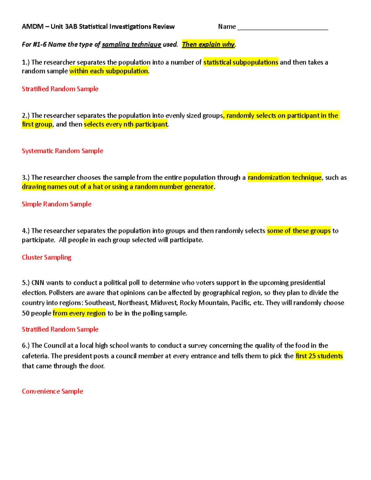 AMDM Unit 3A Review Answers - AMDM – Unit 3AB Statistical ...