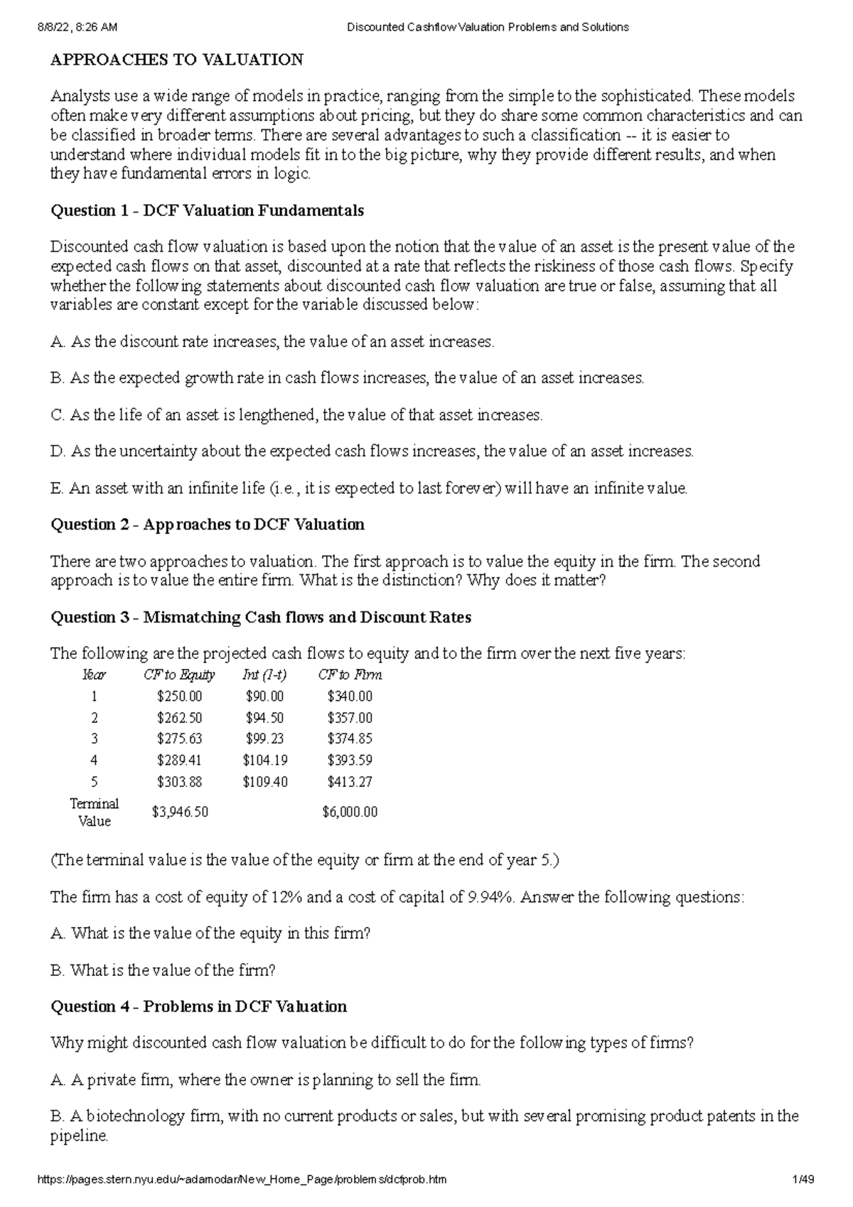 Discounted Cashflow Valuation Problems and Solutions - APPROACHES TO ...