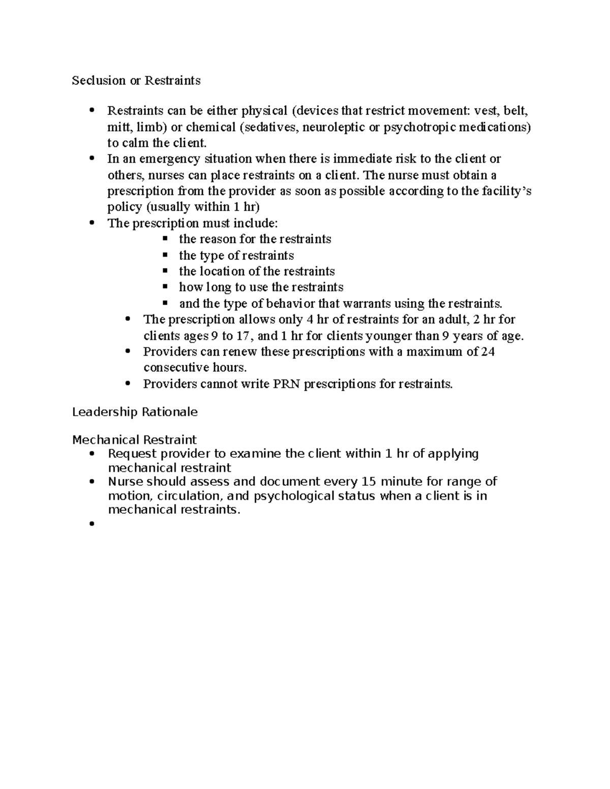 Seclusion or Restraints - In an emergency situation when there is ...