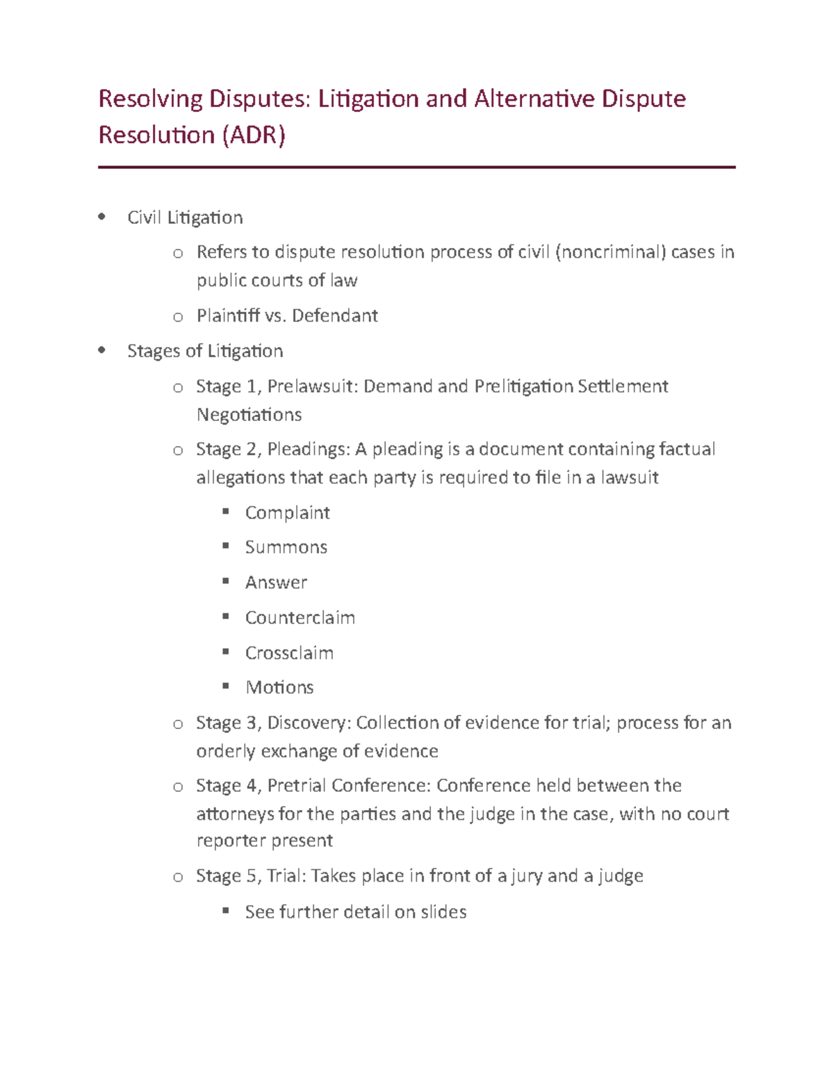 Chapter 5 Lecture Notes - Resolving Disputes: Litigation And ...