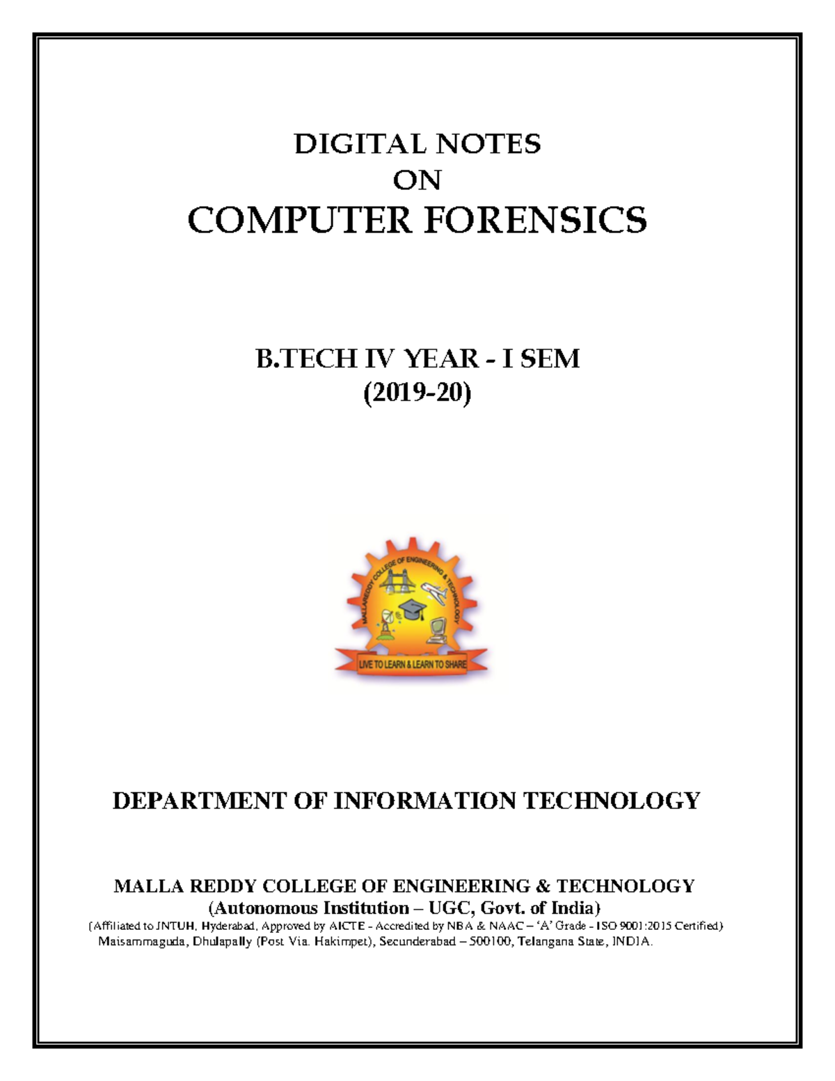 R15A0533 CF - DIGITAL NOTES ON COMPUTER FORENSICS B IV YEAR - I SEM ...