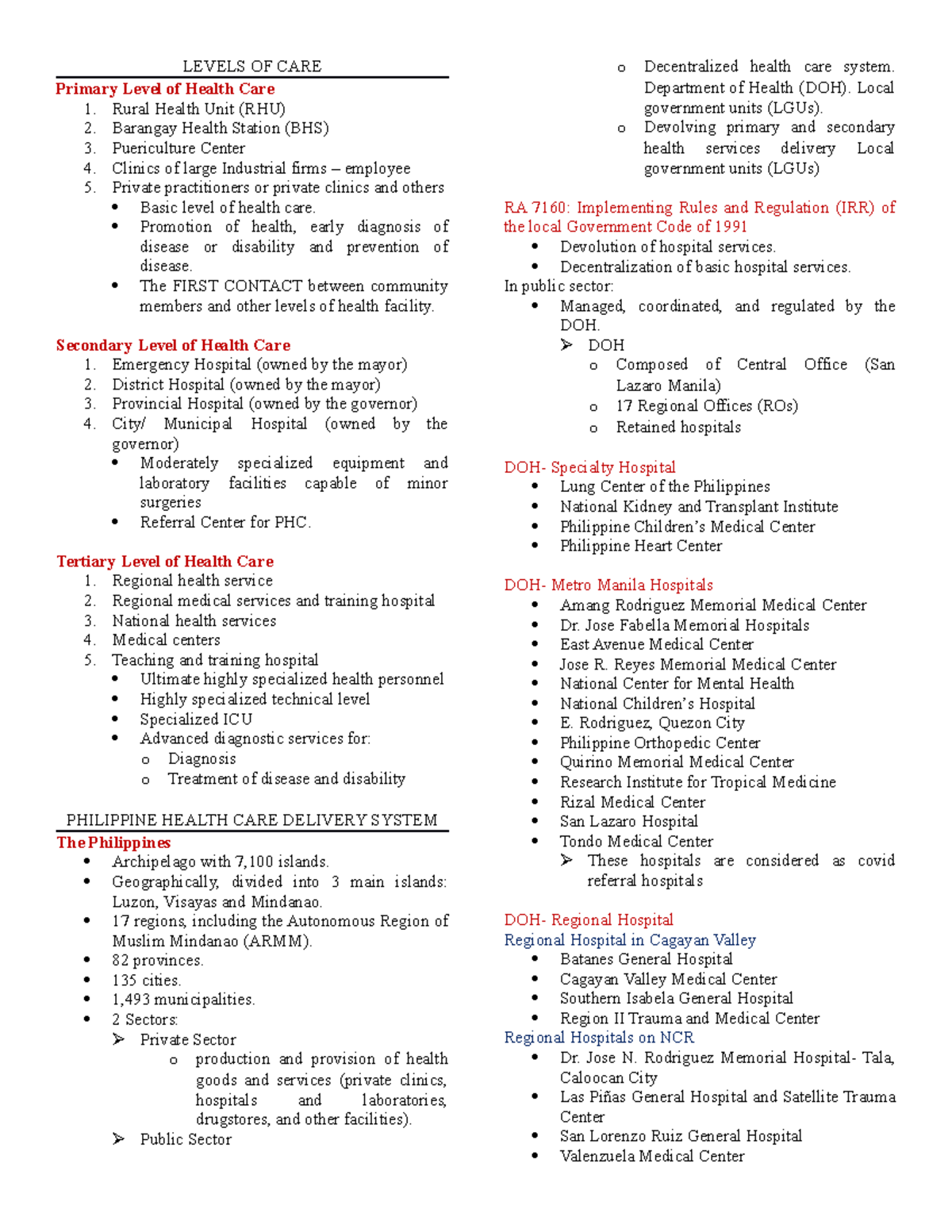 CHN Levels OF CARE LEVELS OF CARE Primary Level of Health Care 1