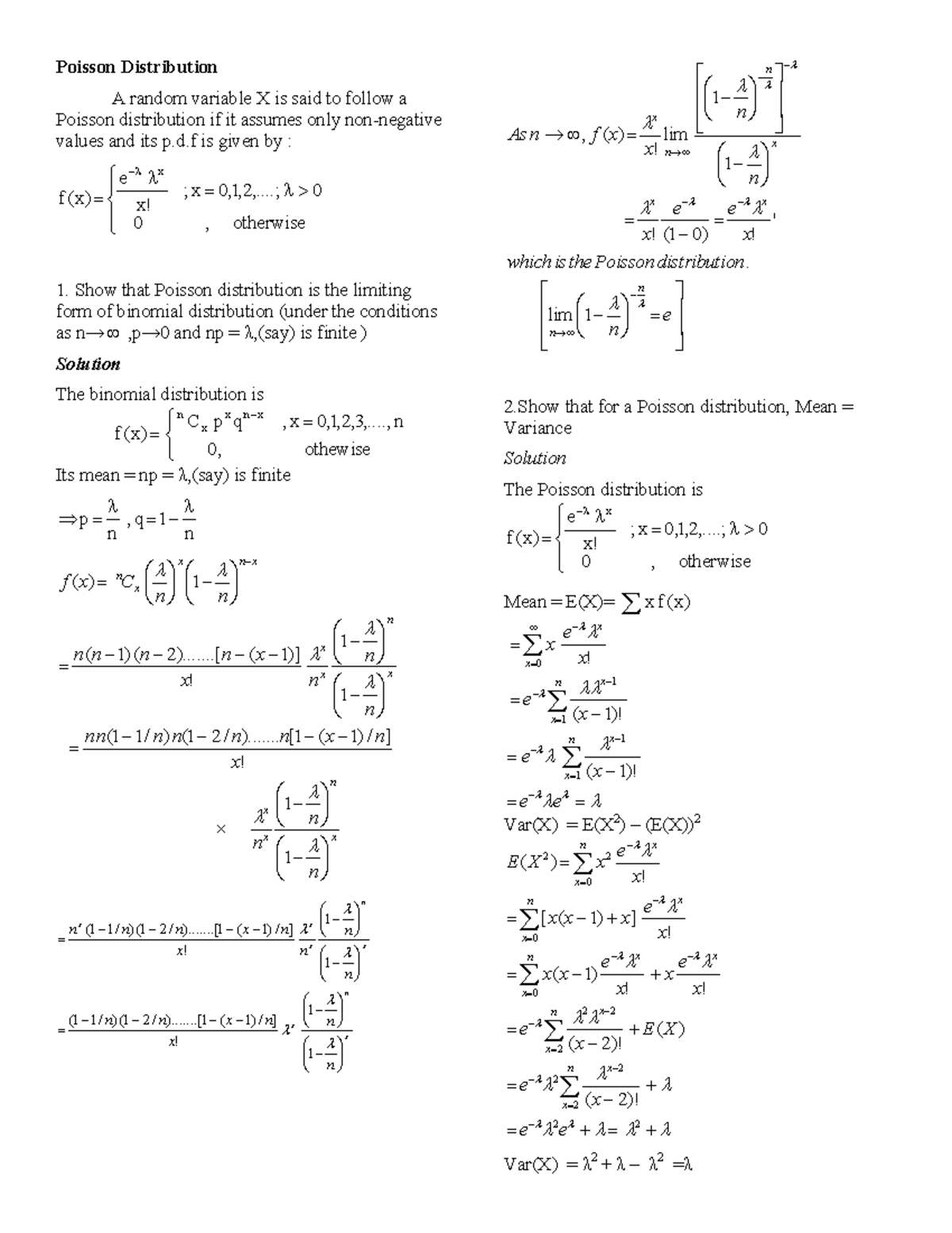 Poisson distribution - Brief lecture notes - Poisson Distribution A ...