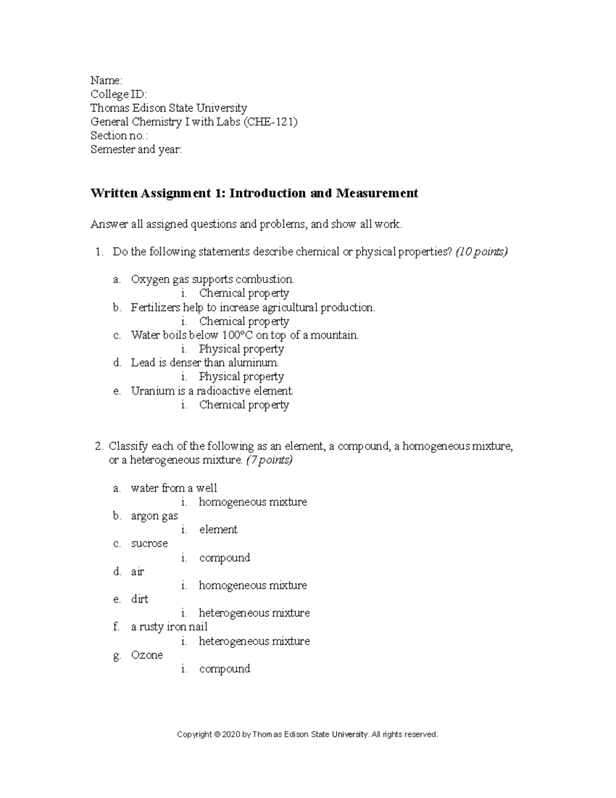 Written Assignment 01 CHE-121-nov20 - Name: College ID: Thomas Edison ...