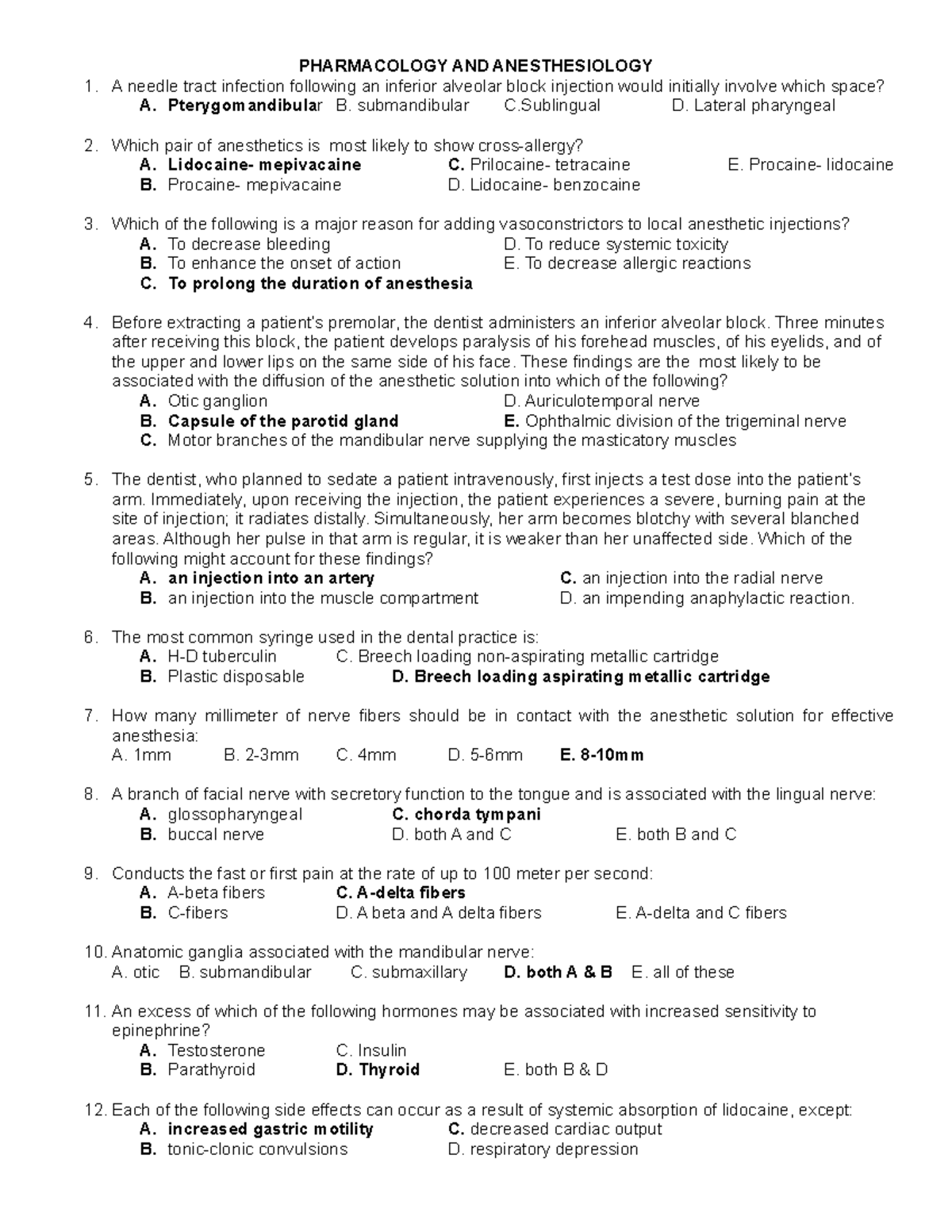 Pharma-Anesth - Pharmacology and anesthesiology questions and answers ...