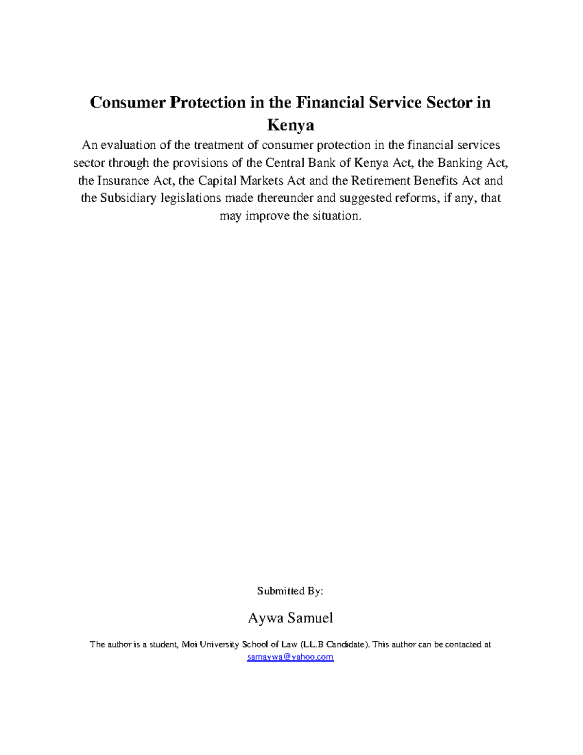 Consumer Protection in the Financial Ser - Submitted By: Aywa Samuel ...