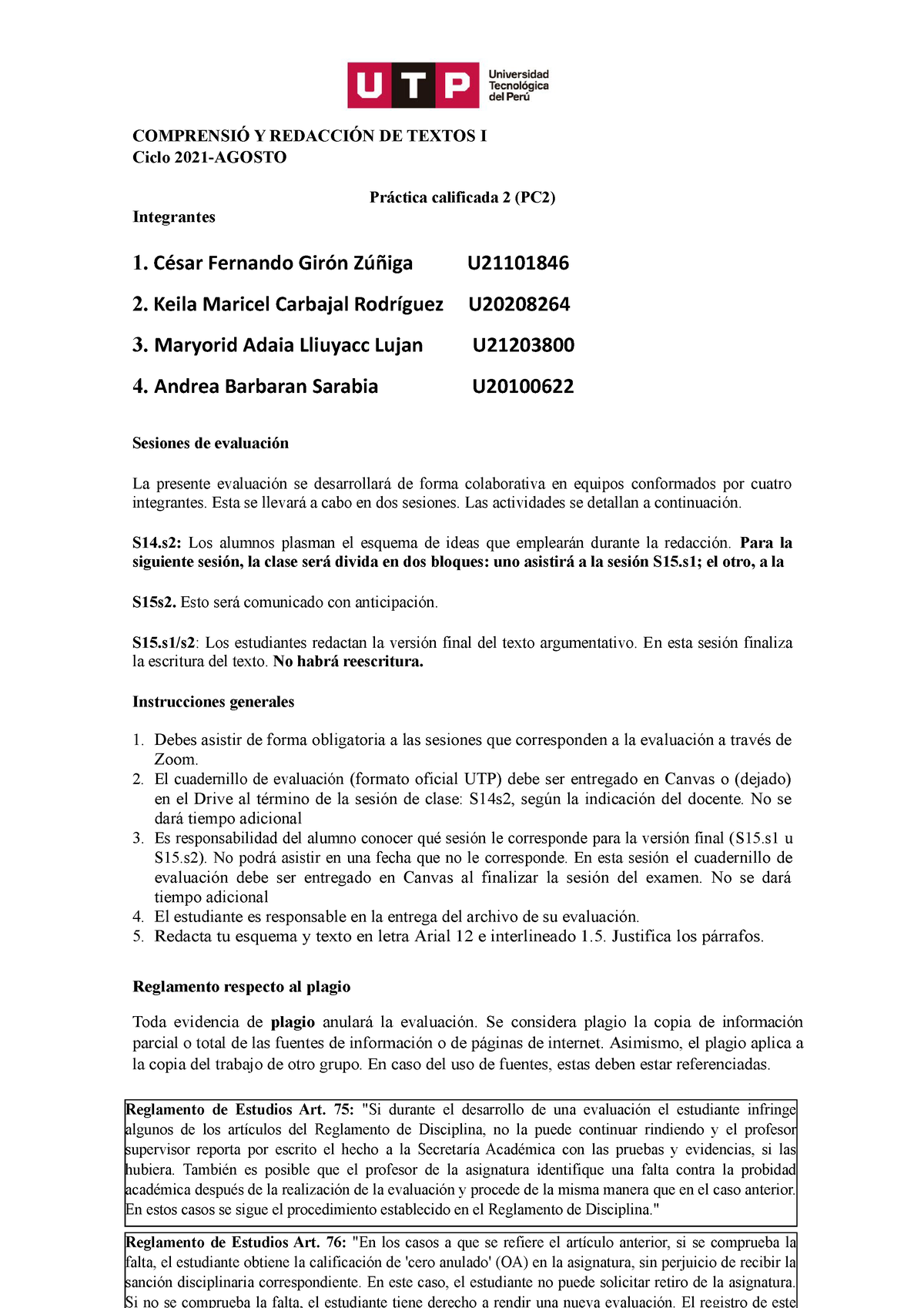 Pc2 S14s2 Y S15 Práctica Calificada 2 Formato Oficial Utp 2021 Agosto Reglamento De 2924