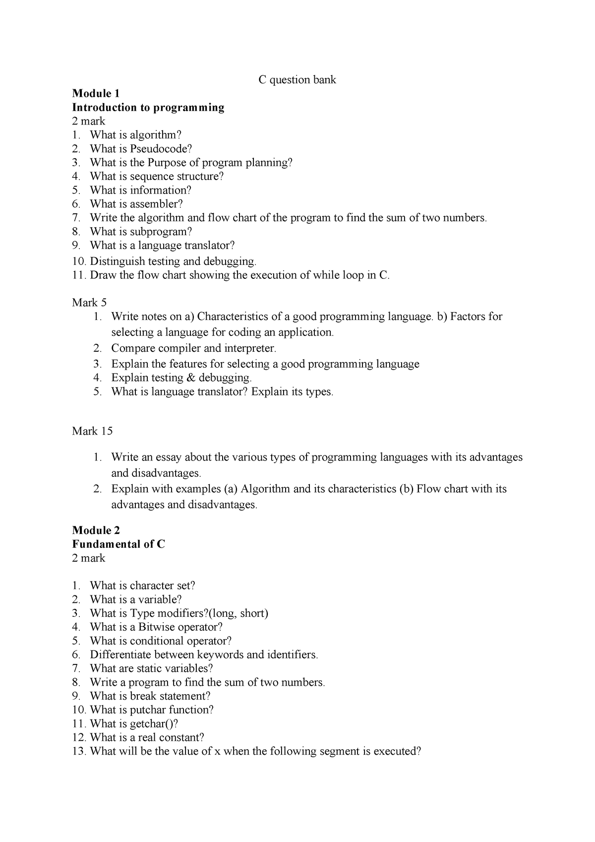 C Question Bank - C Question Bank Module 1 Introduction To Programming 