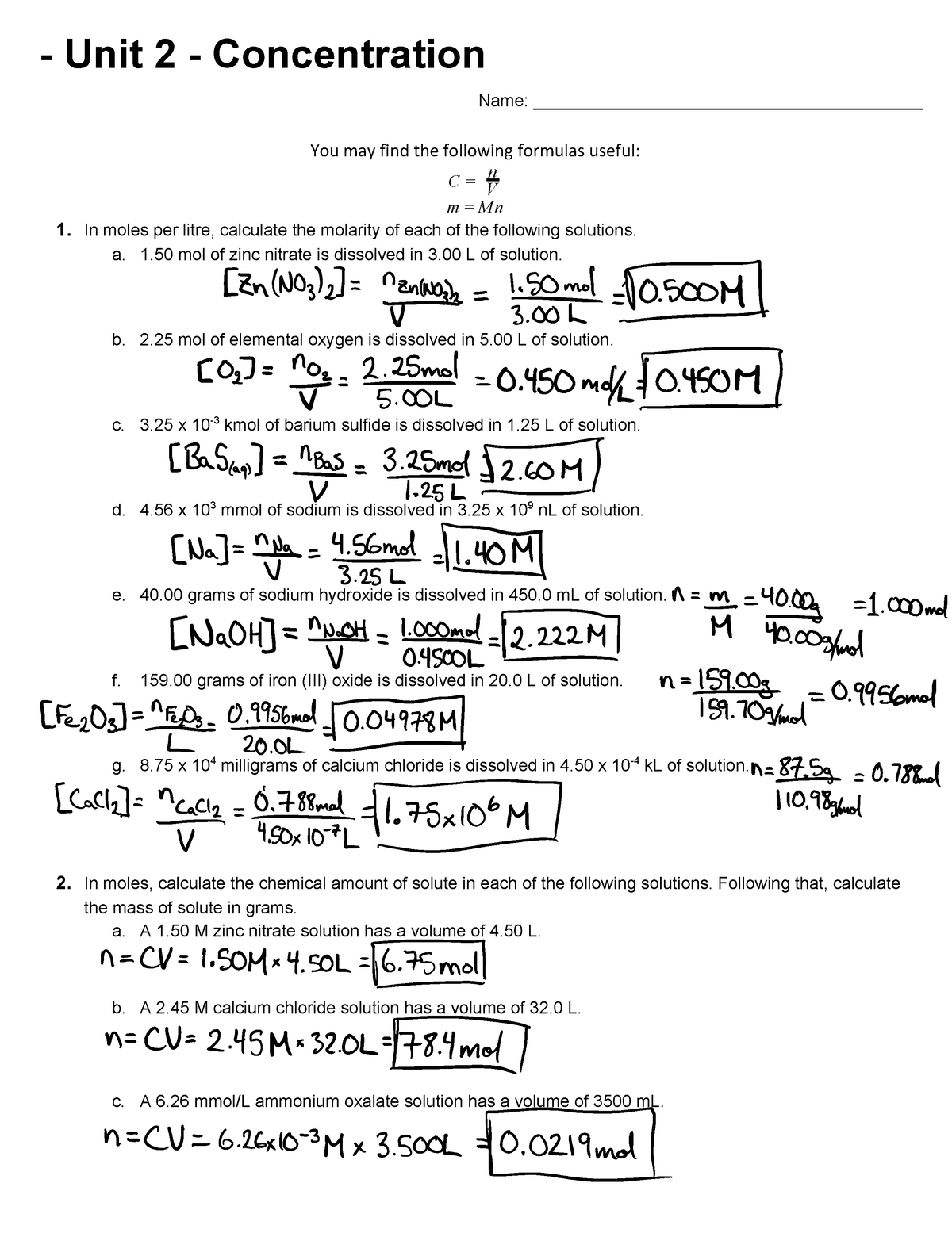 Concentration Answers - Unit 2 - Concentration Name