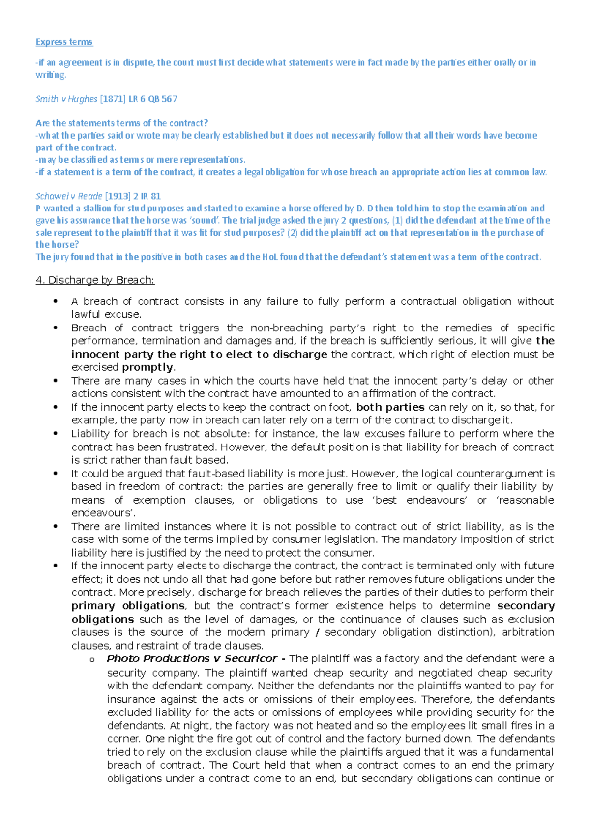 Contract Essay Notes - Express terms -if an agreement is in dispute ...