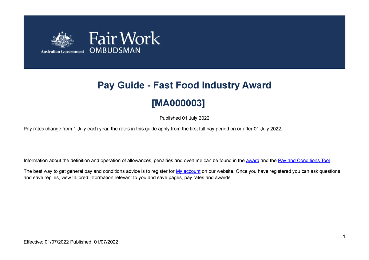 Fast food industry award ma000003 pay guide Pay Guide Fast Food