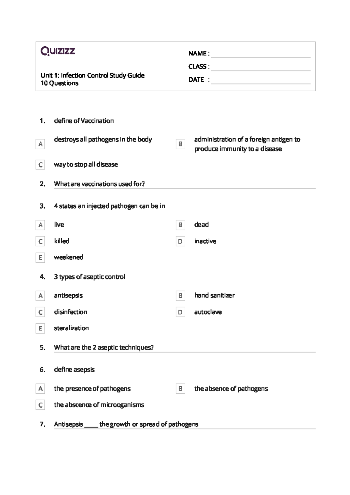 Quizz For Infection Control Study Guide Unit 10 Questions 1