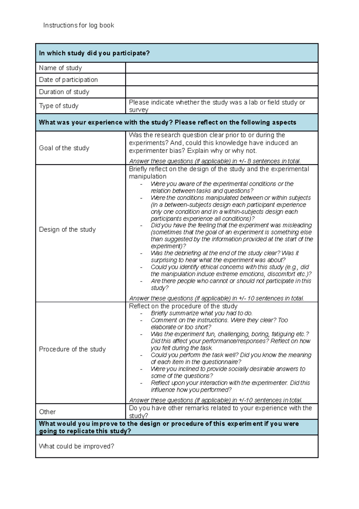 Logbook - OGO quantitative research - Instructions for log book In ...