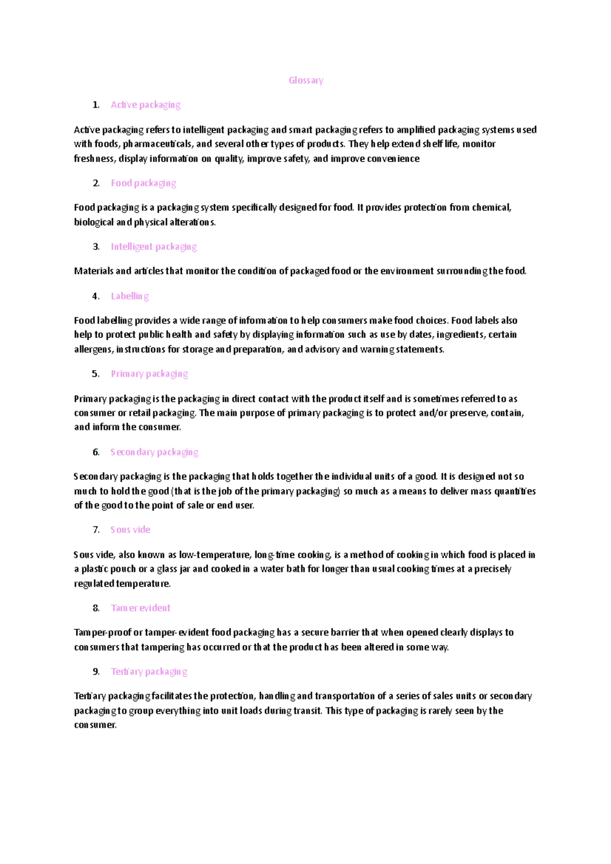 Glossary packaging stora GE andf distribution Studocu