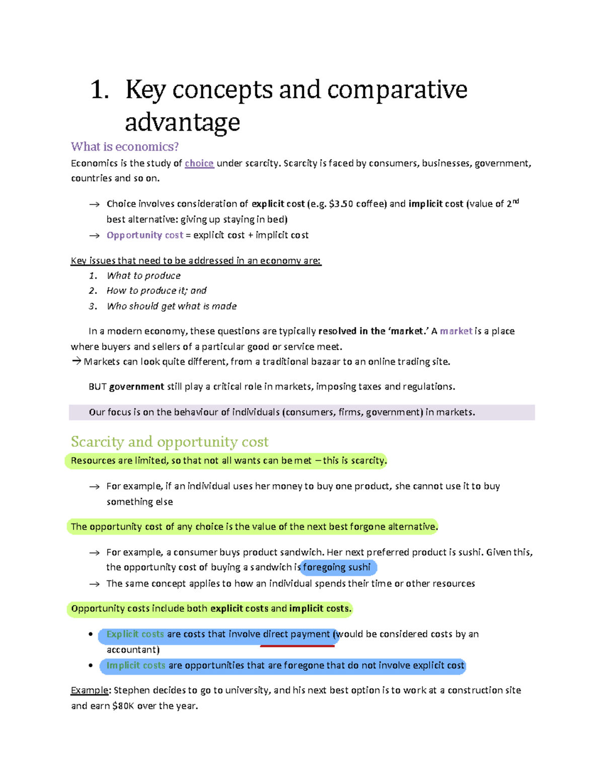 ECON1001 - Lecture notes - 1. Key concepts and comparative advantage ...