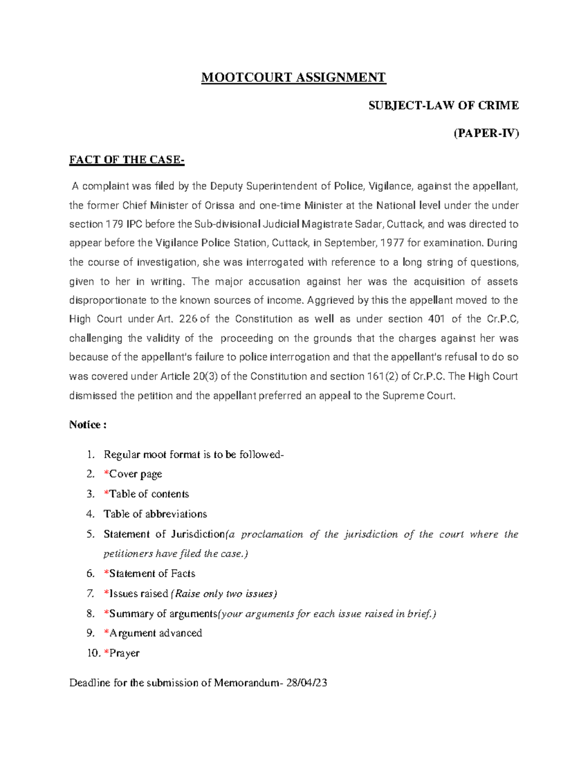 Mootcourt Assignment crpc - MOOTCOURT ASSIGNMENT SUBJECT-LAW OF CRIME ...