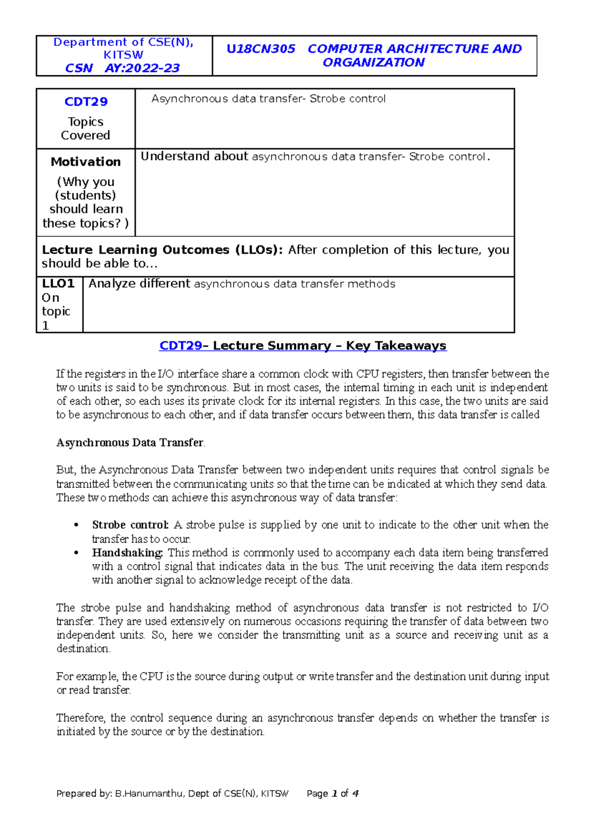 CAO_CDT_SUMMARY KITSW CSN AY2022 U18CN305 COMPUTER ARCHITECTURE AND ORGANIZATION CDT Topics