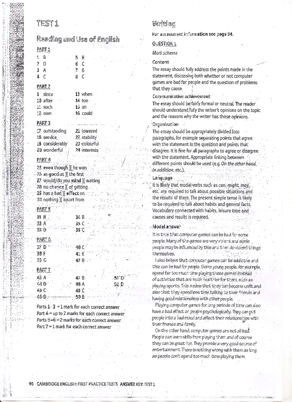 Practice test multitask key - TEST 1 Writing For assessment information ...
