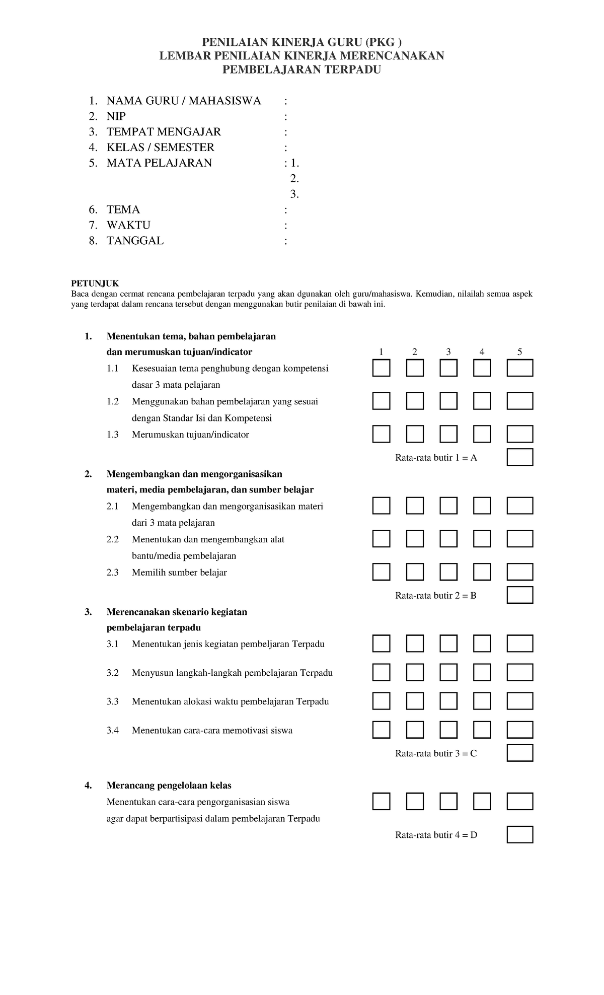 Lembar Apkg - APKG - PENILAIAN KINERJA GURU (PKG ) LEMBAR PENILAIAN ...