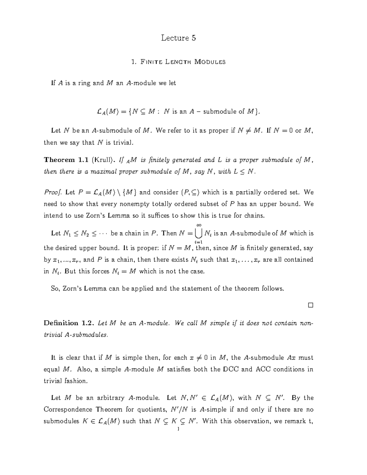 Lecture Notes Lecture 5 Lecture Finite Length Modules If Is Ring And An We Let Studocu