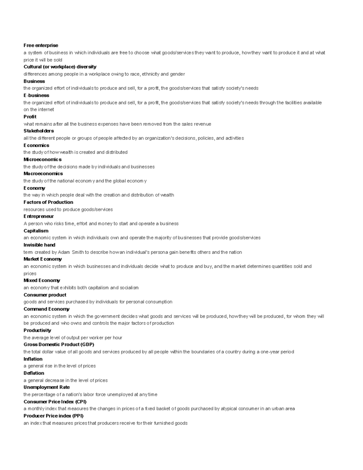 Vocabulary notes - part 1 - Free enterprise a system of business in ...