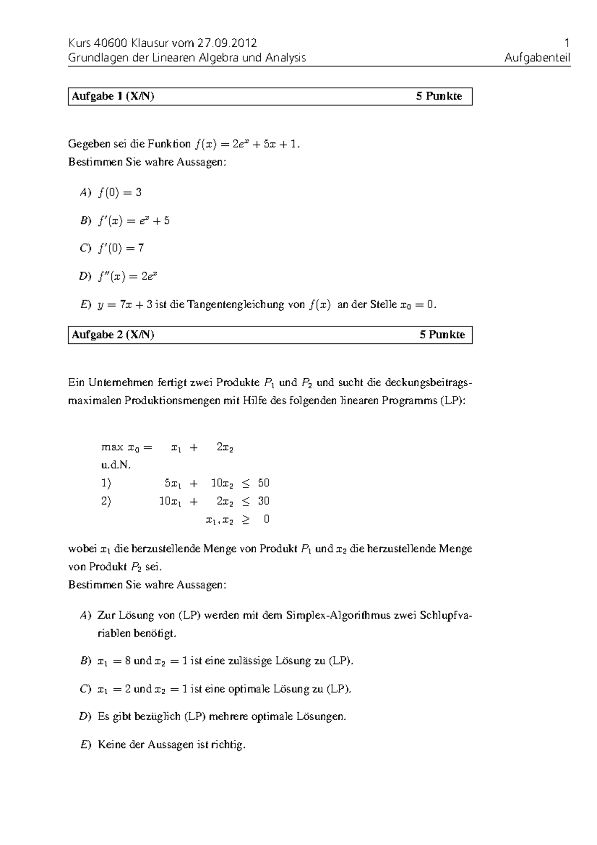 Grundlagen Der Linearen Algebra Für Dummies Klausur 27 September 2012, Aufgaben - Grundlagen der Linearen Algebra