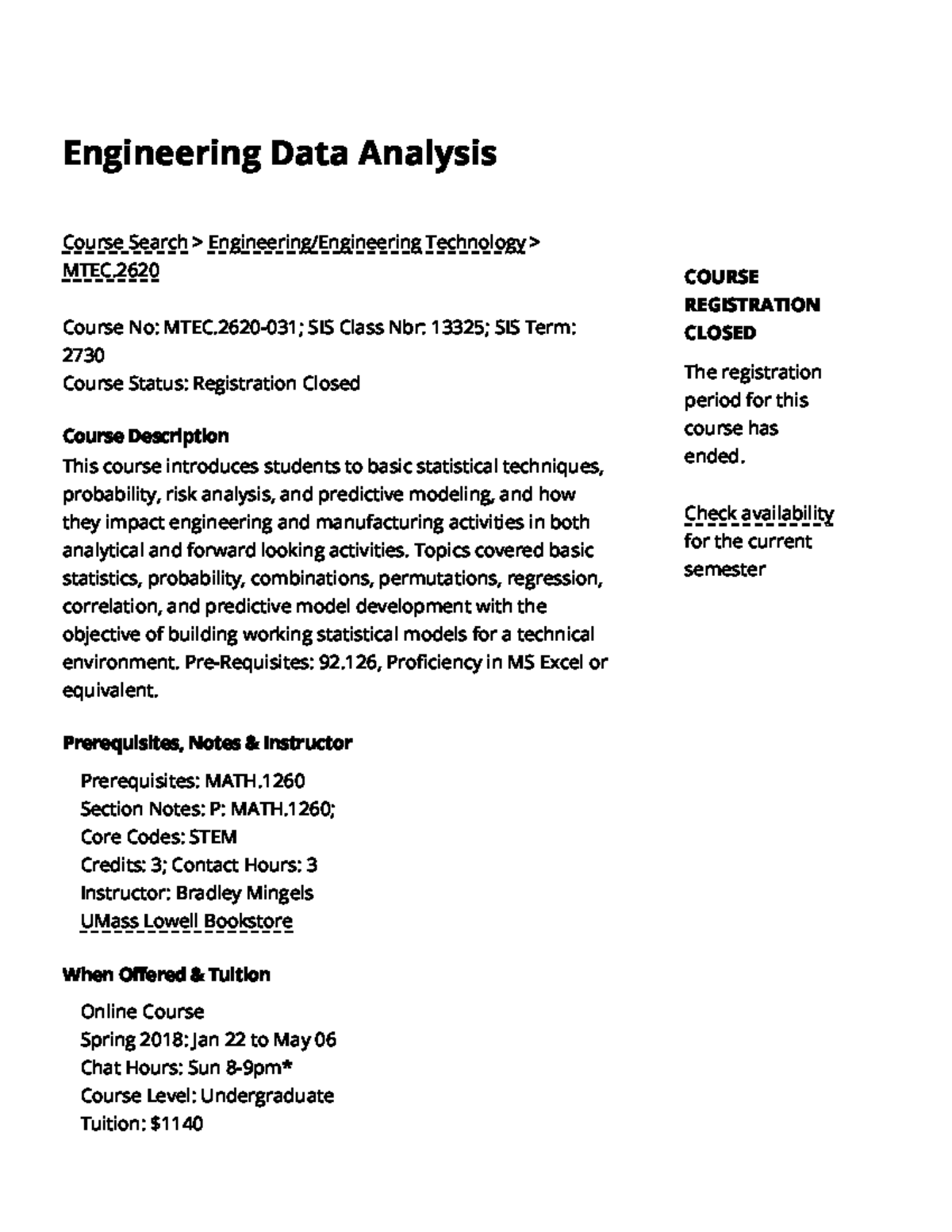 Engineering Data Analysis Spring 2018 UMass Lowell - Engineering Data ...