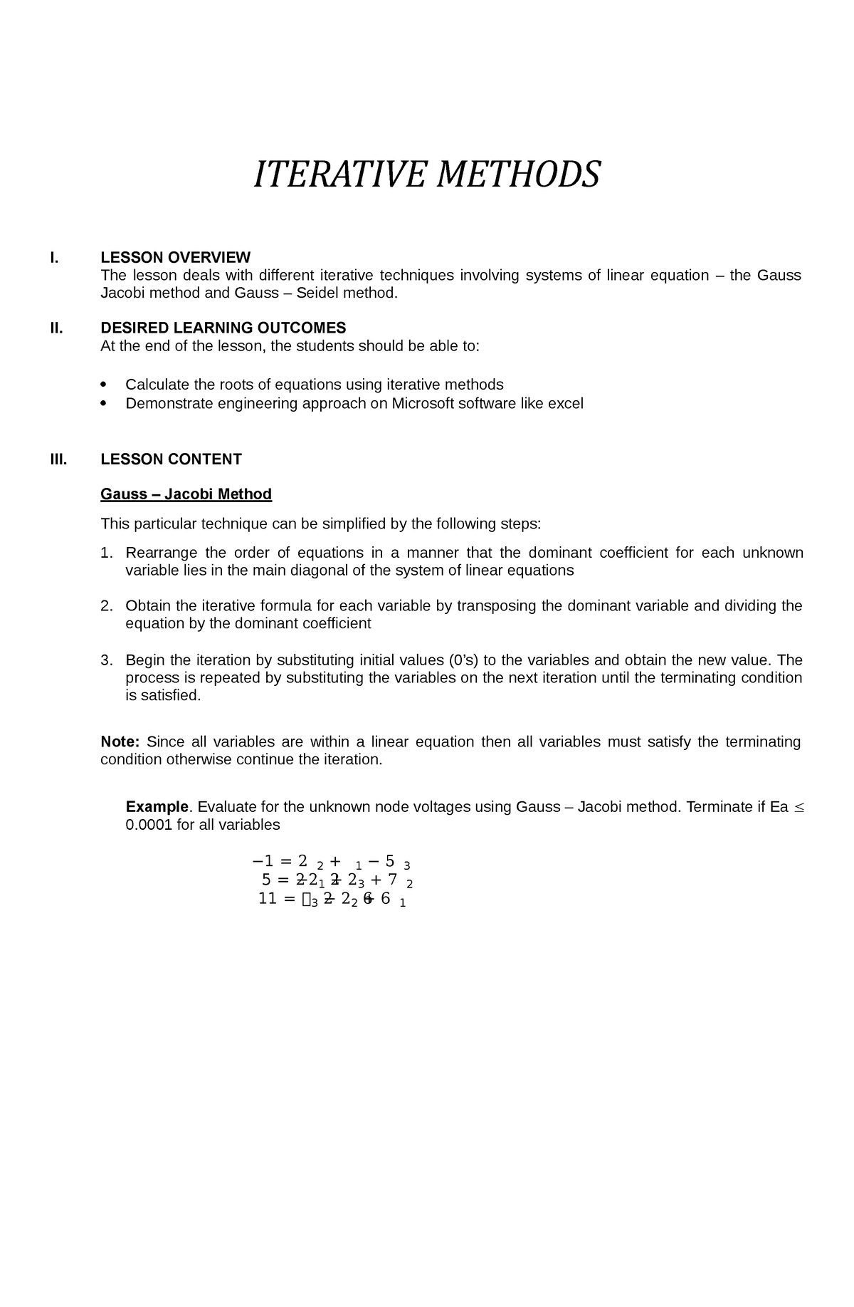 Module 5- Iterative Methods - ITERATIVE METHODS I. LESSON OVERVIEW The ...