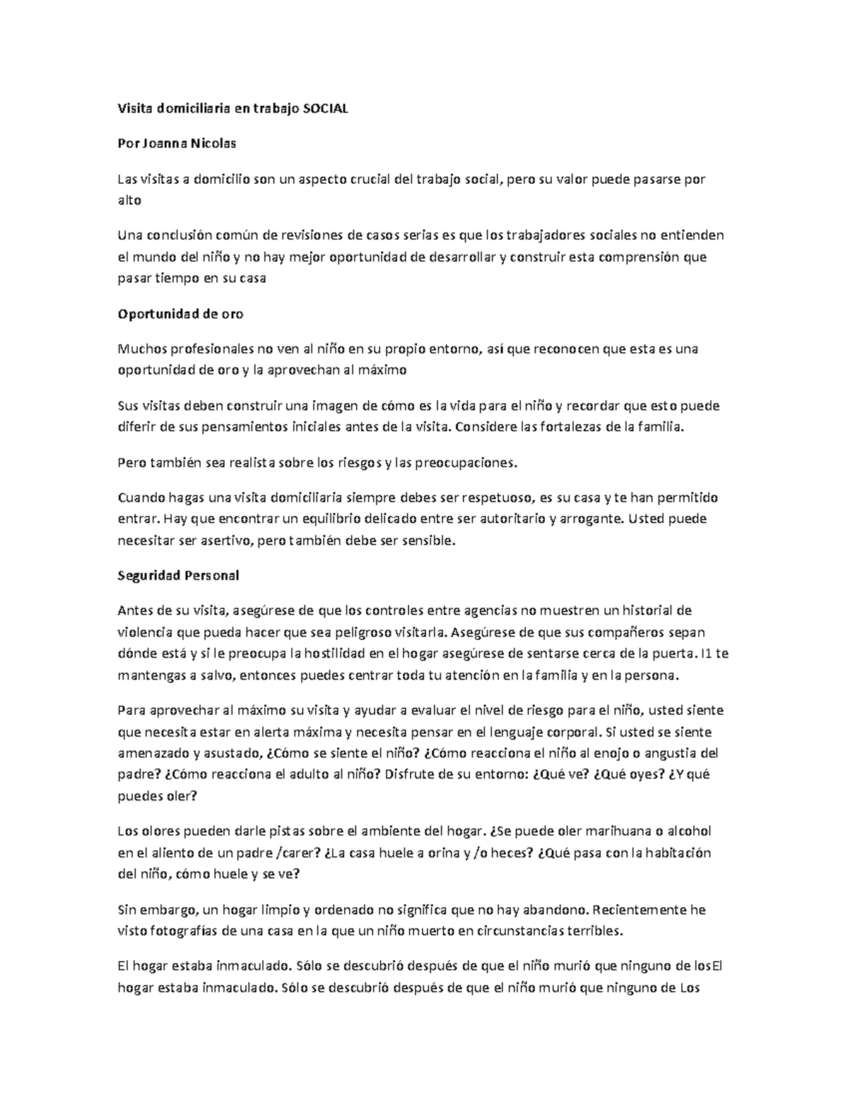 Traducción del art Ículo Visita domiciliaria en trabajo SOCIAL Por