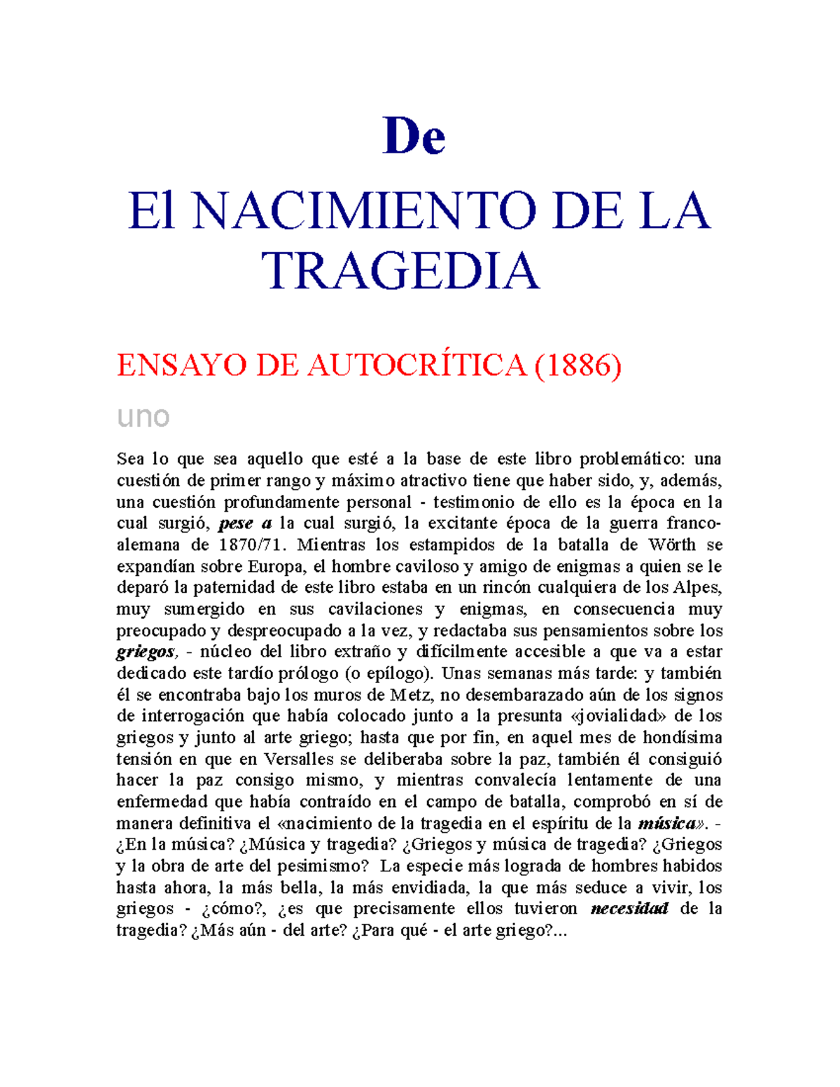 De El Nacimiento DE LA Tragedia - De El NACIMIENTO DE LA TRAGEDIA ...