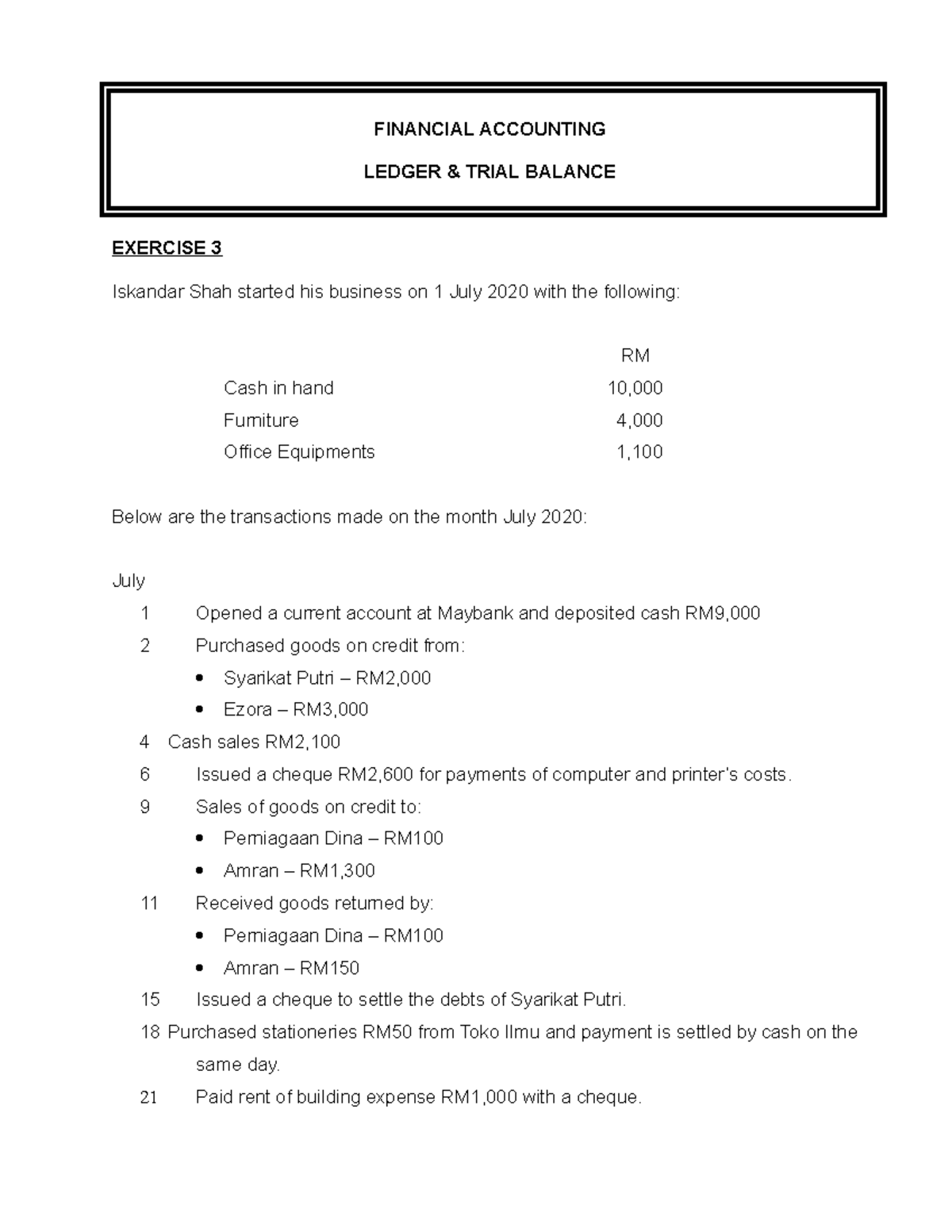 Exercise 3 - goodluck - FINANCIAL ACCOUNTING LEDGER & TRIAL BALANCE ...