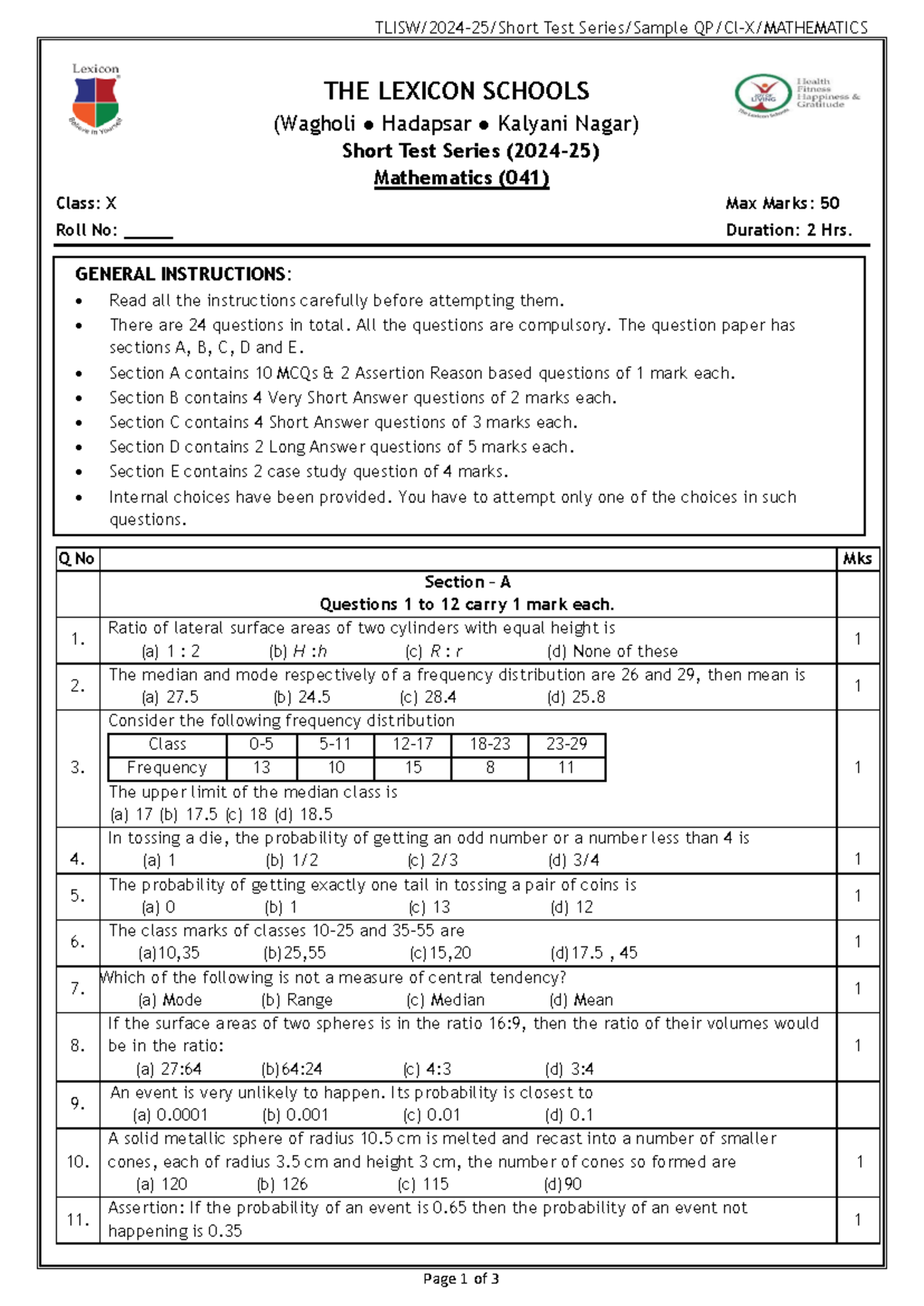TLS Cl-X Short Test Series Sample QP Mathematics 2024-25 - TLISW/2024 ...