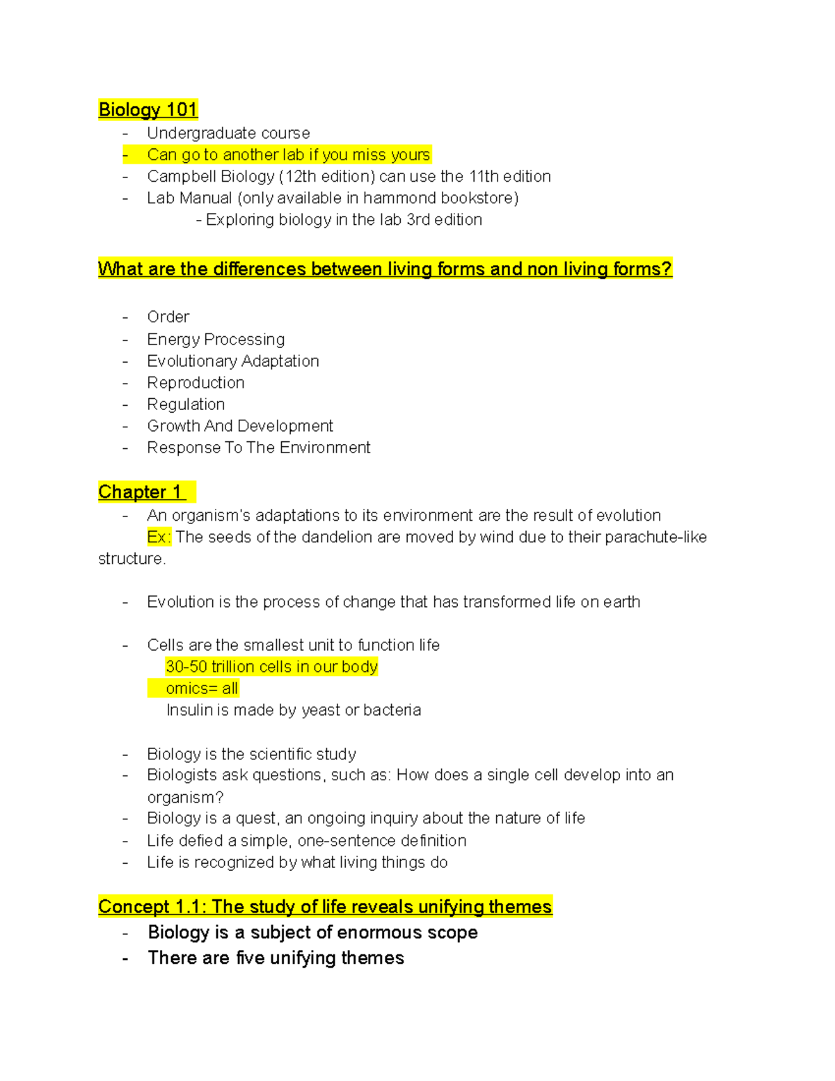 Biology 101 Chapter 1 Biology 101 Undergraduate Course Can Go To