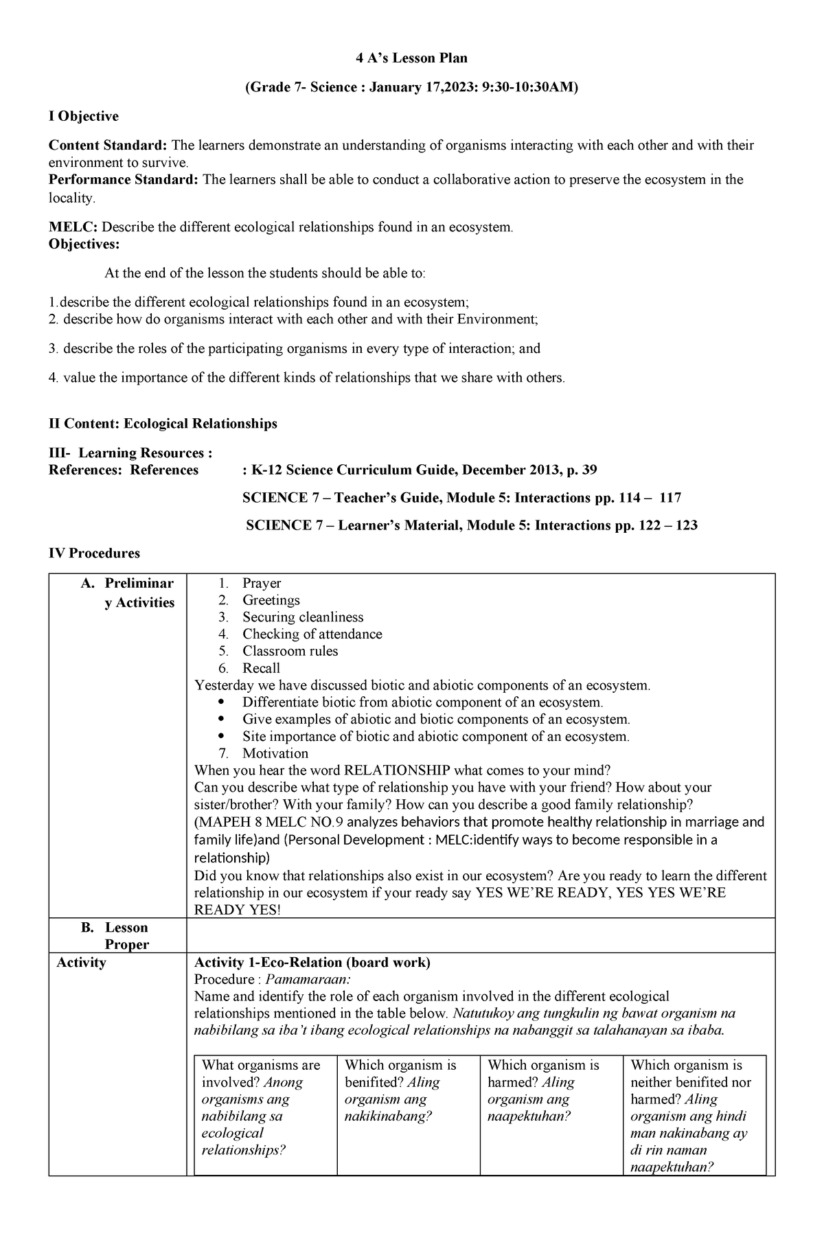 4AS CO2 SY23 24 - immersion - 4 A’s Lesson Plan (Grade 7- Science ...