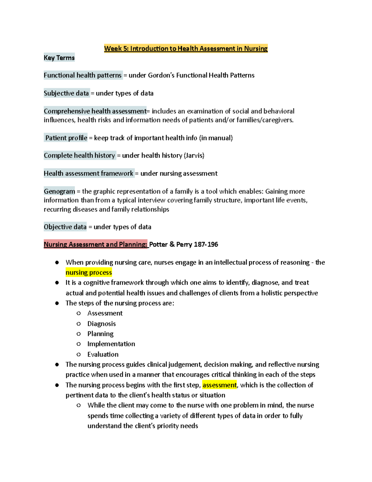 Week 5 Introduction to Health Assessment in Nursing Week 5
