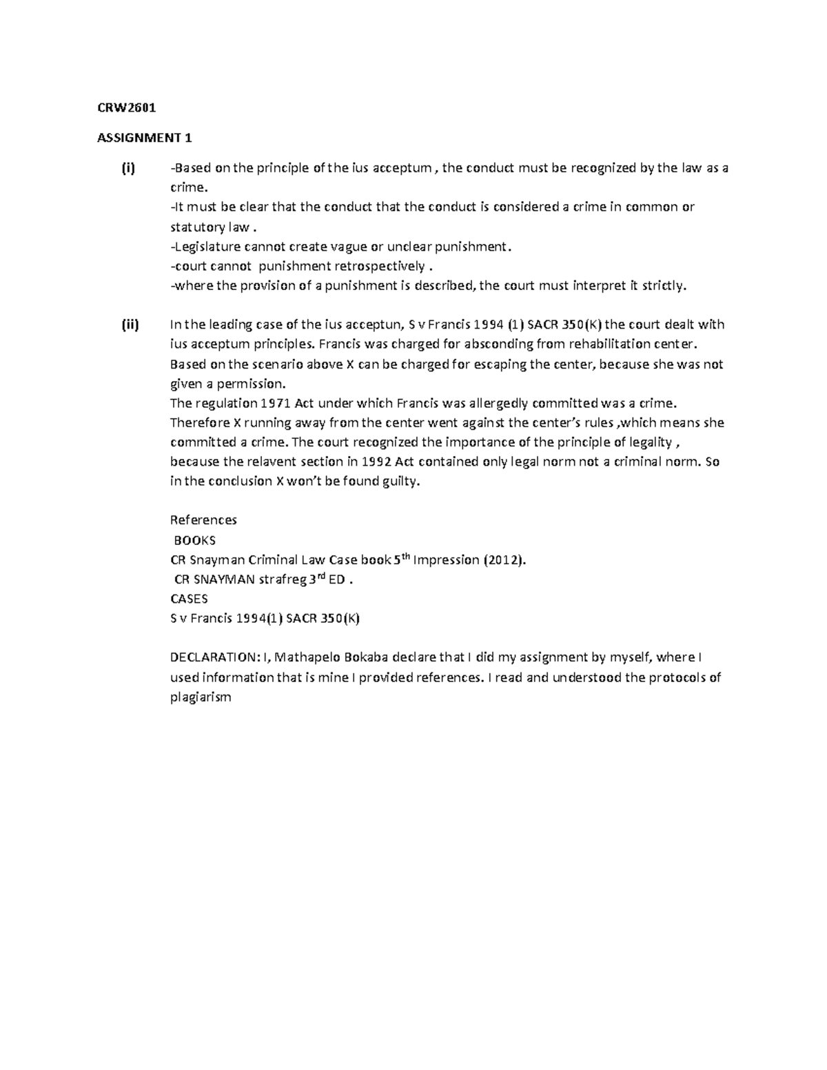 CRW2601 Ass1 - Assignments - CRW ASSIGNMENT 1 (i) -Based on the ...