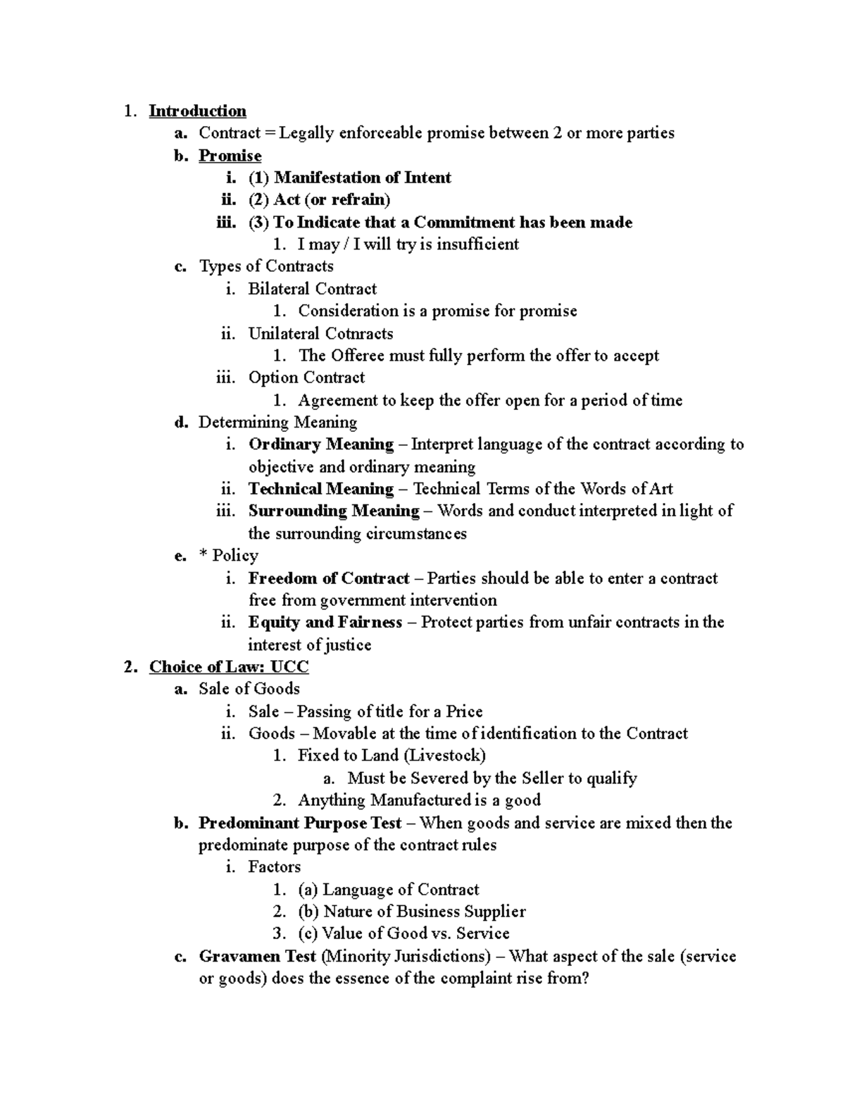 Contracts Outline - Received and A in the course - Introduction a ...