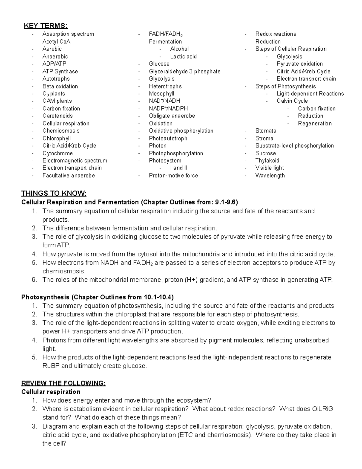 Copy of Exam 3 Cellular Respiration and Photosynthesis Study Guide ...