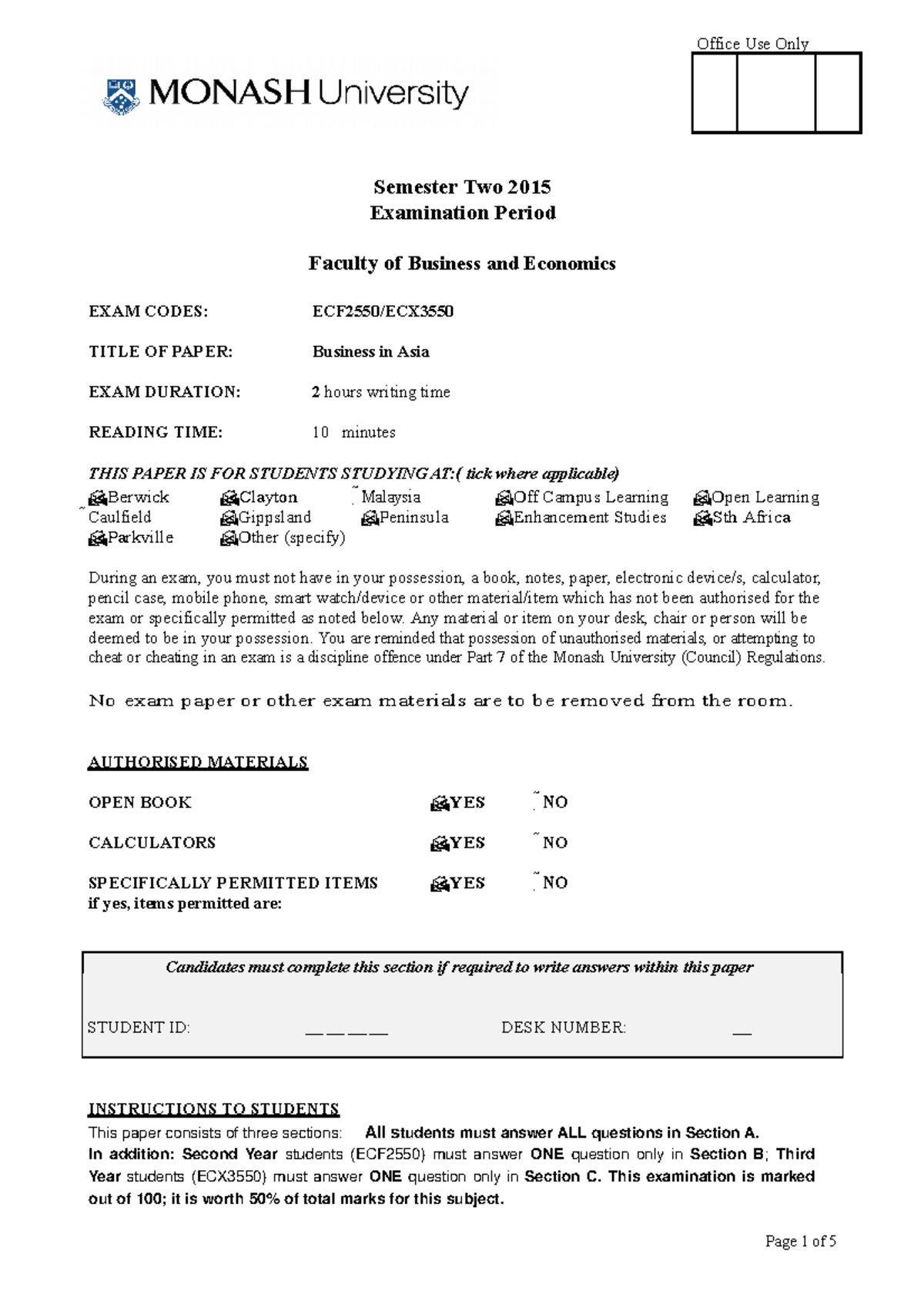 Exam 2015, questions and answers - Office Use Only Semester Two 2015 ...