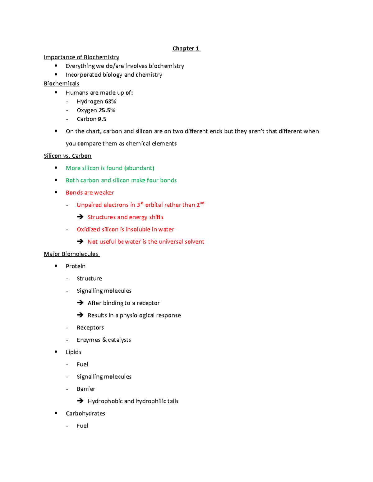 Chapter 1 - notes - Chapter 1 Importance of Biochemistry Everything we ...
