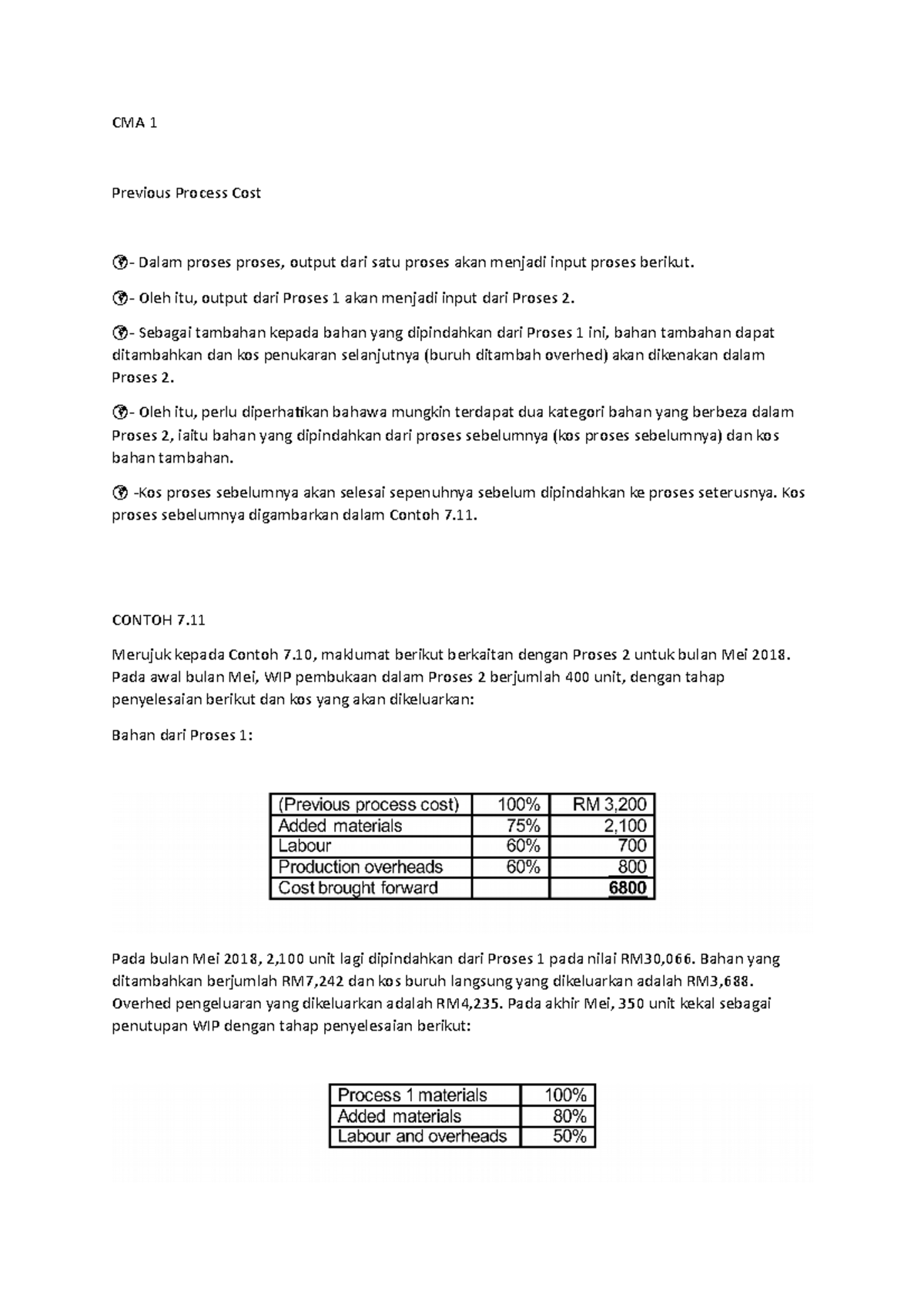 CMA 1 Presentation BM - CMA 1 Previous Process Cost - Dalam Proses ...