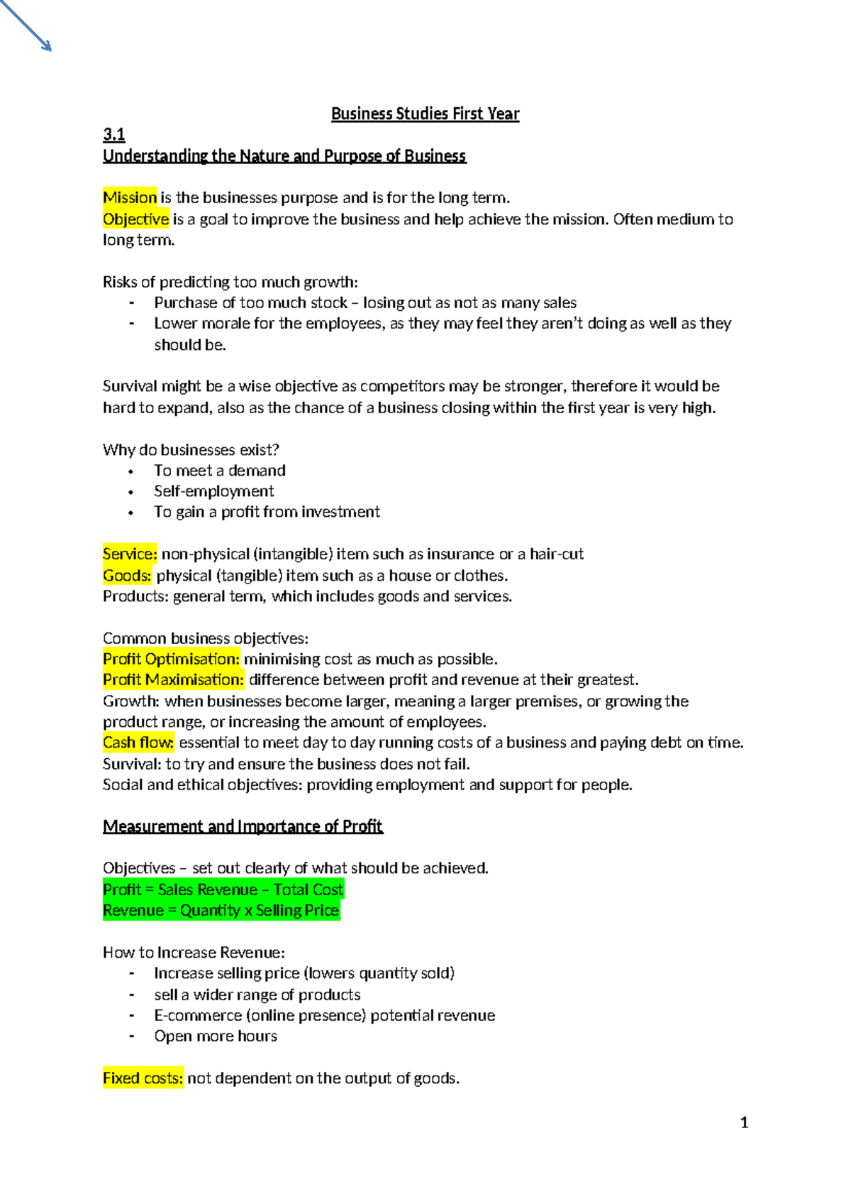 A level business revision notes - Business Studies First Year 3 ...