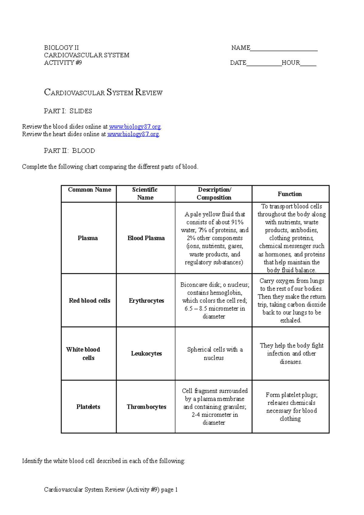 Cardiovascular-system-review - Biology Ii Name 