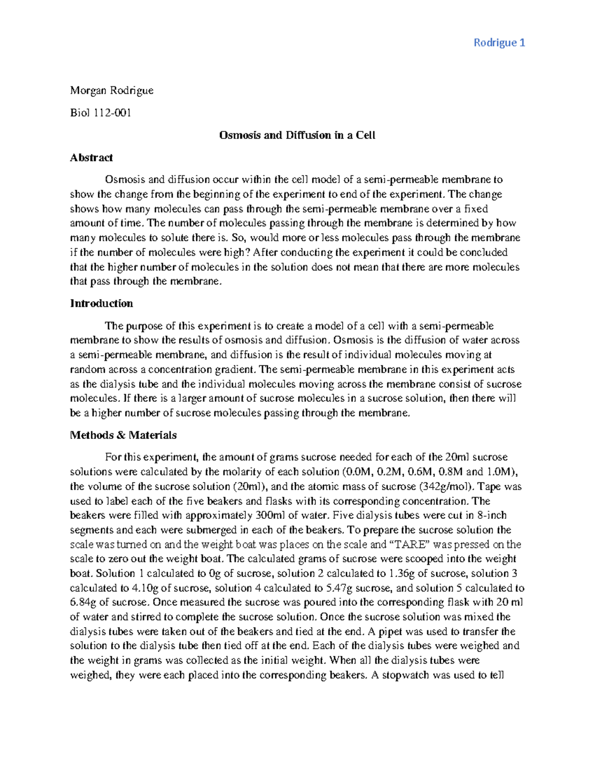 bio lab osmosis Rodrigue 1 Rodrigue Biol 112 Osmosis and