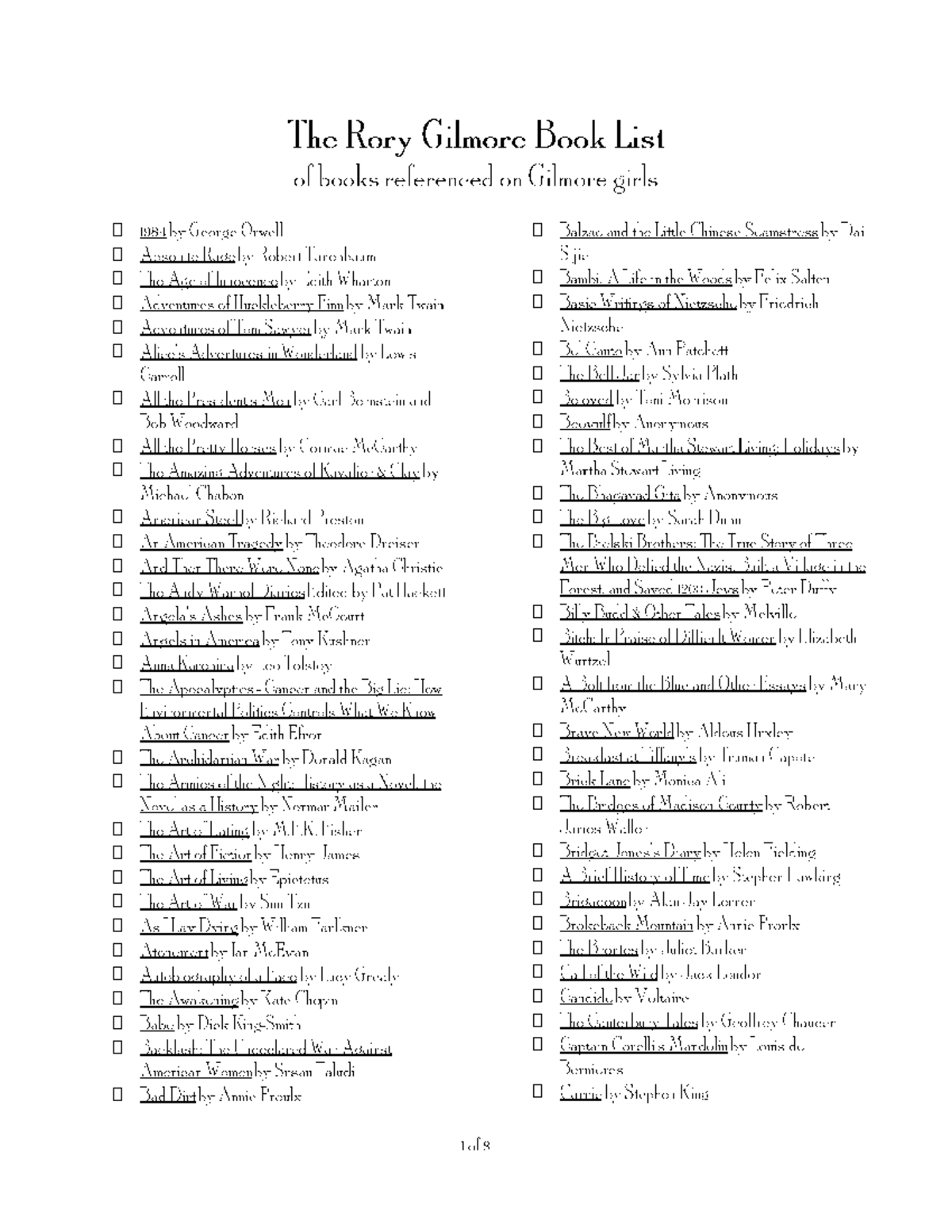Rory Gilmore Book List PDF