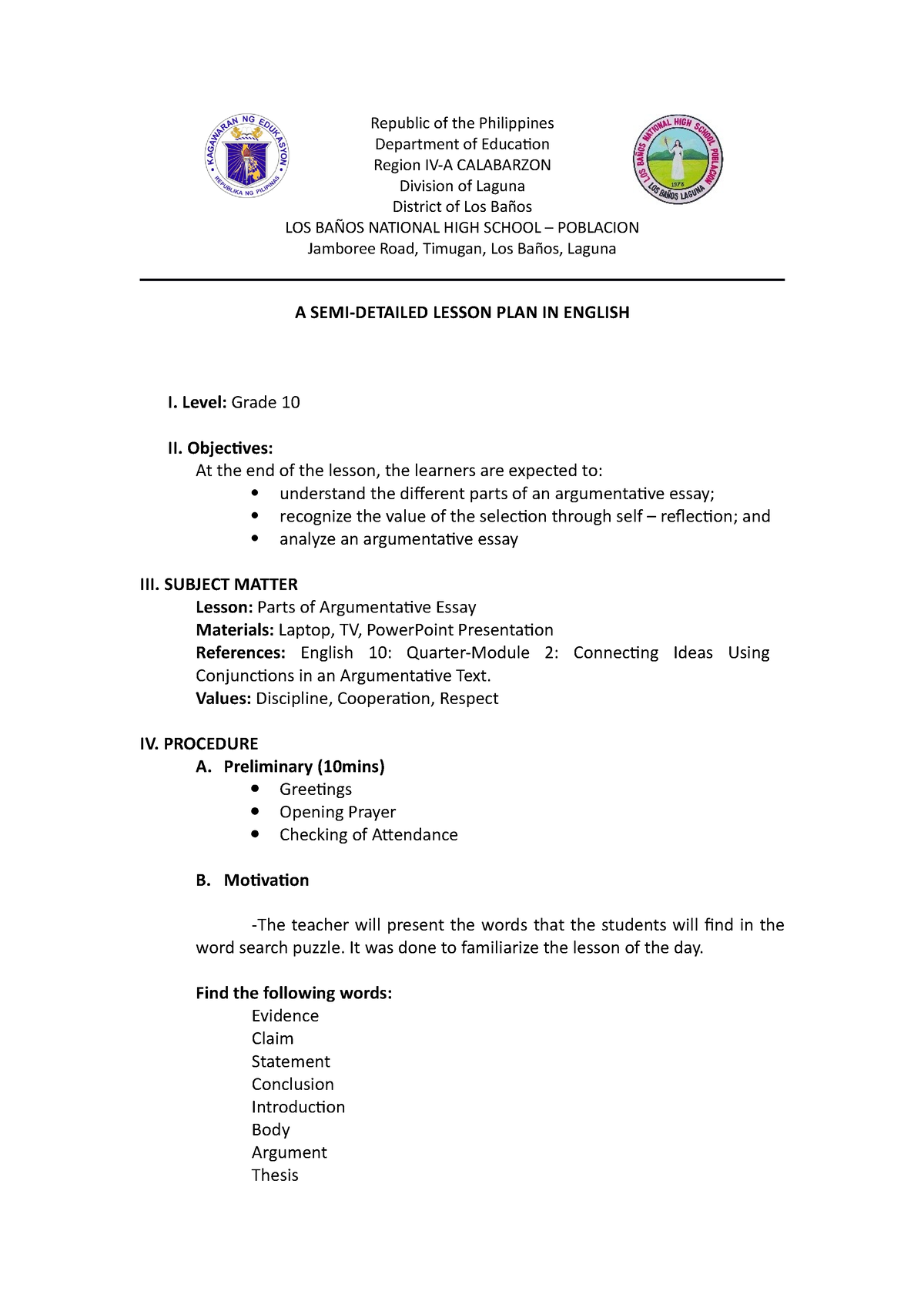 SEMI Detailed Lesson PLAN Parts OF AN Argumentative Essay Republic Of 