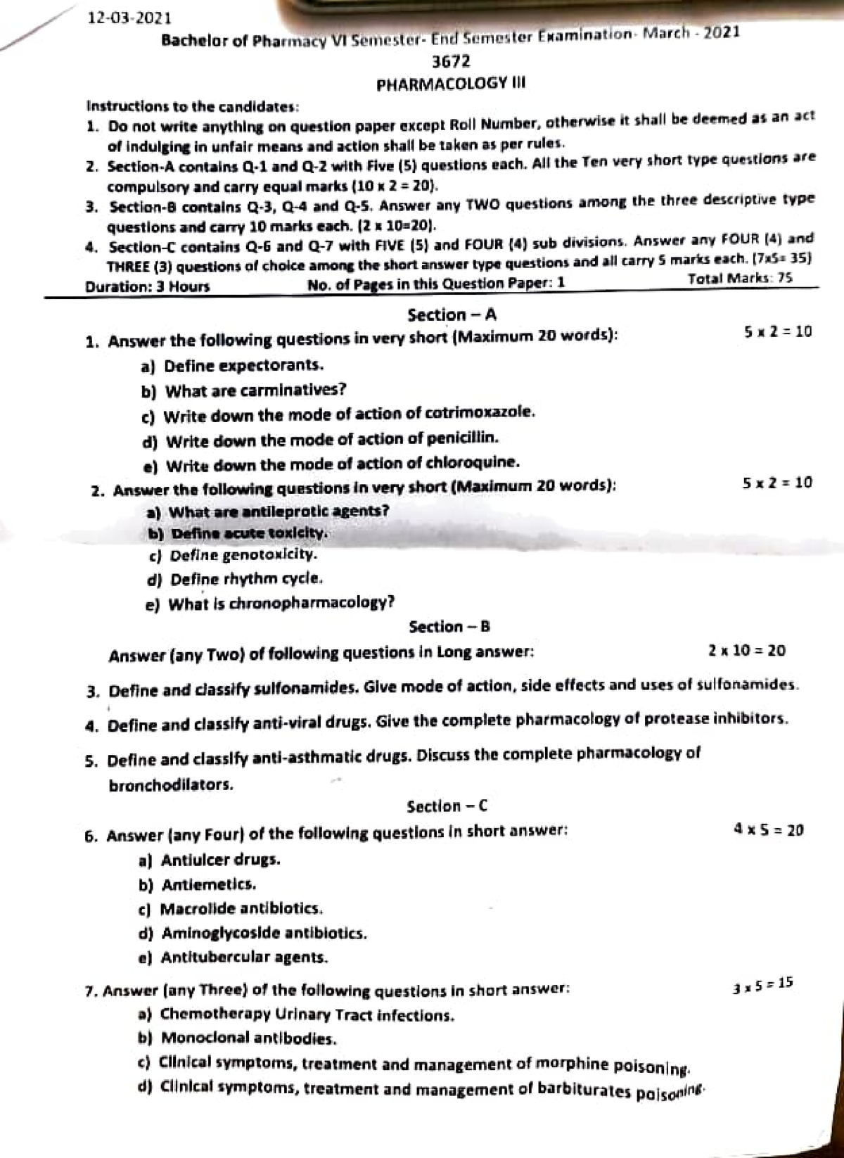 RUHS B.pharmacy 6 Semester Paper - 12-03 2021 Bachelor Of Pharmacy VI Semester- Ehd Semester ...