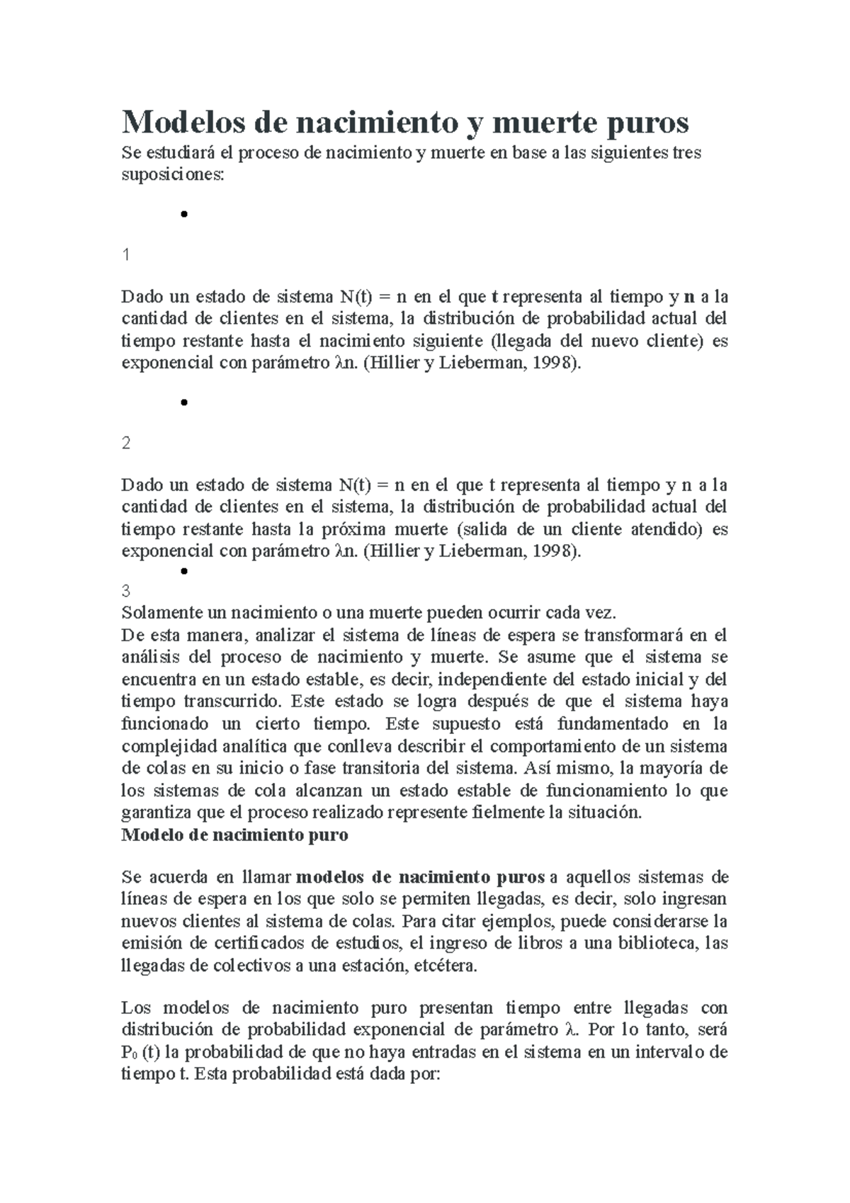 Lectura III Modelos de nacimiento y muerte puros Modelos de