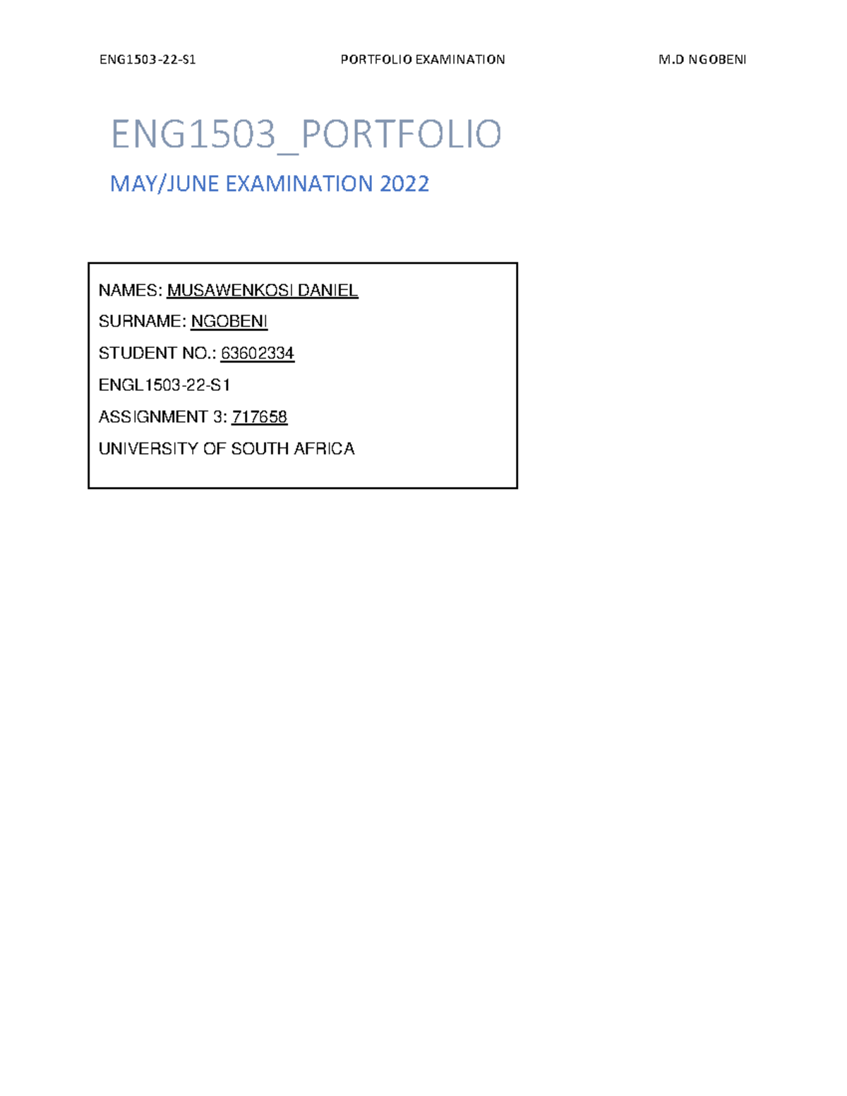 ENG1503-22-S1 Portfolio EXAM - ENG1503-22-S1 PORTFOLIO EXAMINATION M ...
